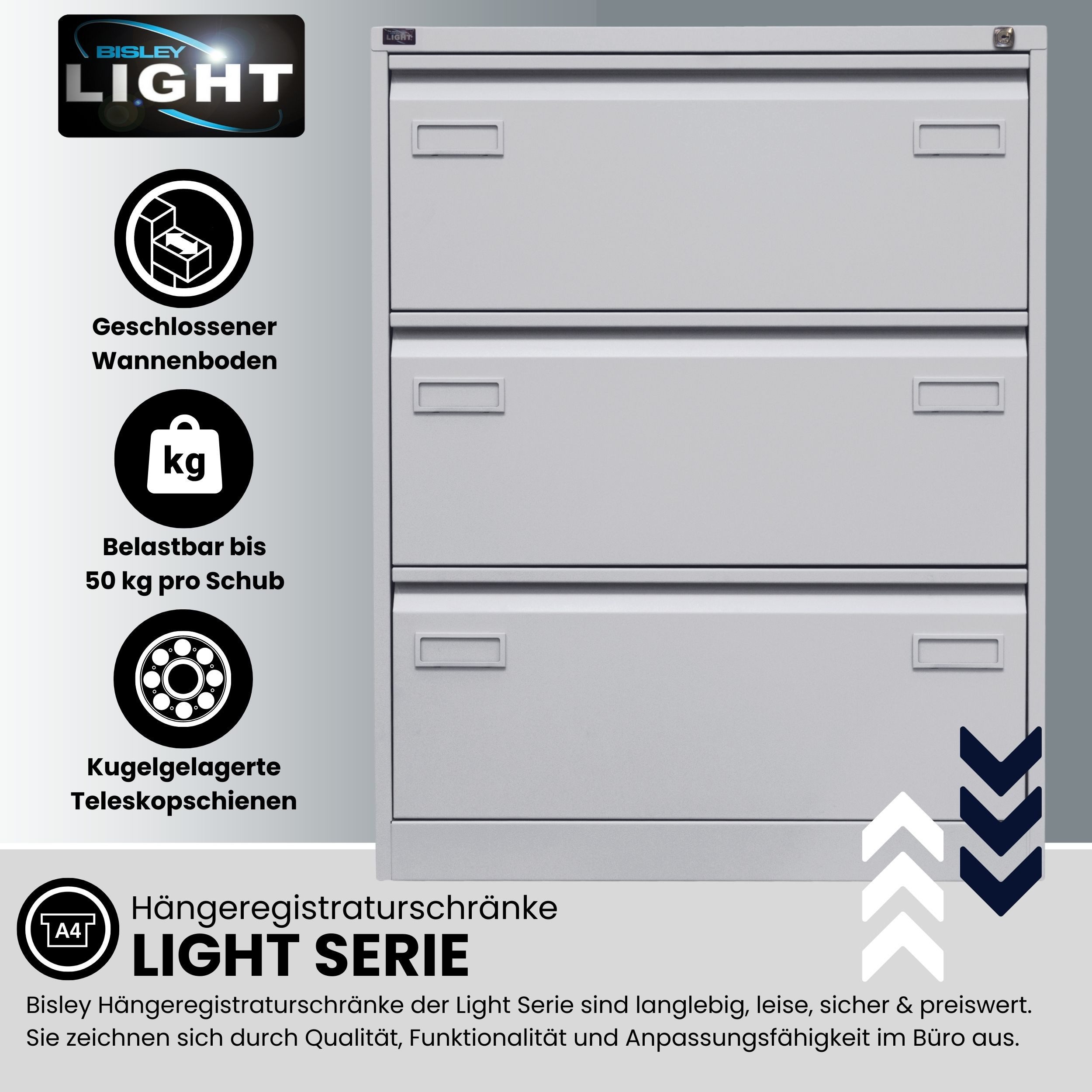 Bisley Hängeregisterschrank Hängeregistraturschrank Light in Verkehrsweiß - Maße: H 132 x B 80 x T 62 cm