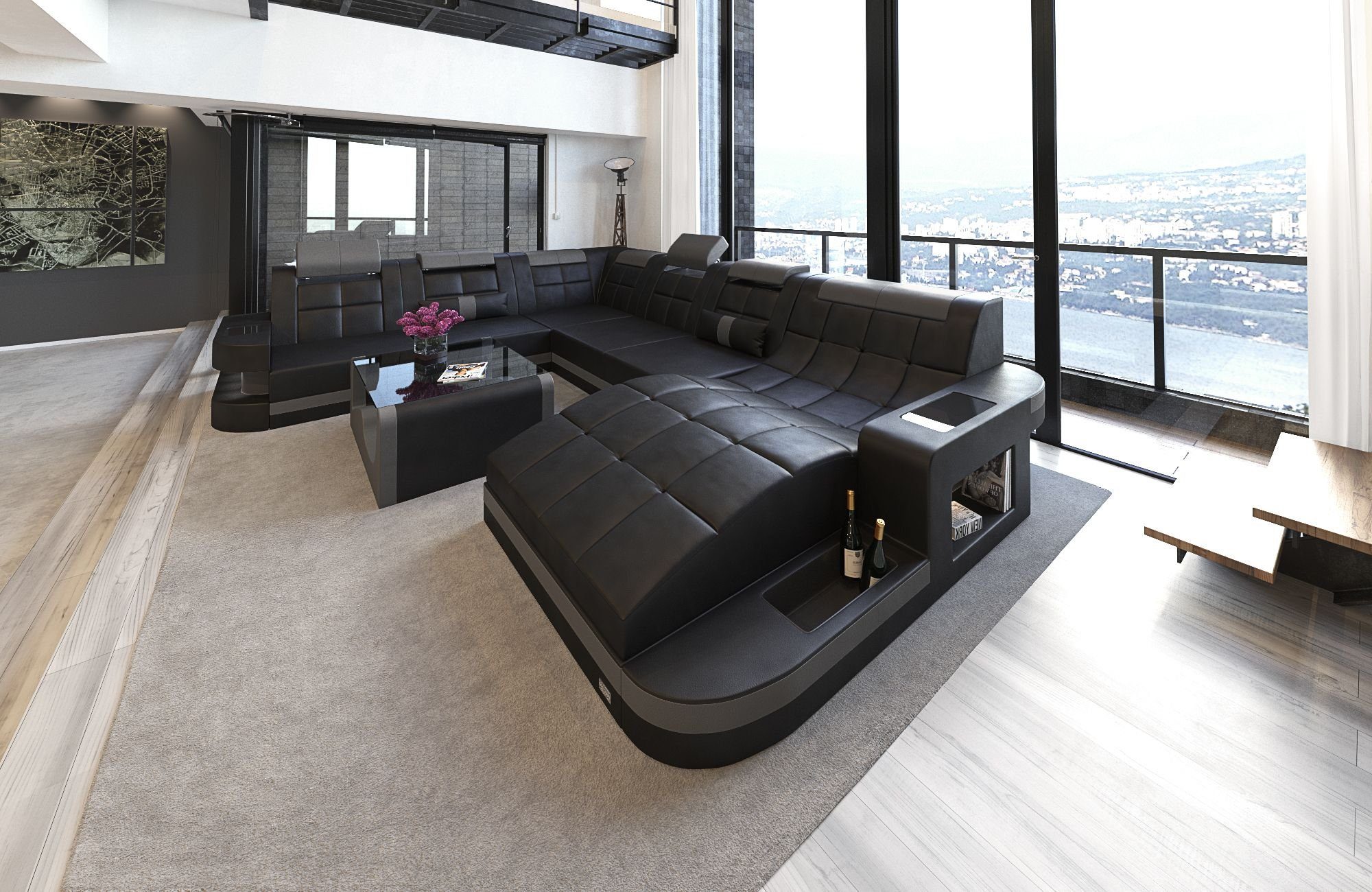 Sofa Dreams Wohnlandschaft Leder Sofa Ledercouch Wave XXL Ledersofa, Couch, mit ergonomischen Ottomane und LED Beleuchtung