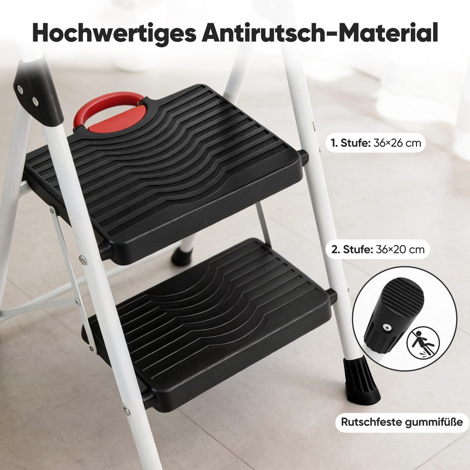 Sekey Trittleiter Klappbar Klapptritt Faltbar mit XXL 36 x 26cm rutschfester Trittfläche, 2-Stufen Trittleiter rutschfest bis 150 kg mit Klappsicherung