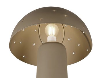 meineWunschleuchte LED Nachttischlampe, Dimmfunktion, LED wechselbar, Warmweiß, ausgefallene Pilzlampe aus Metall Taupe Lampenschirm mit Dekor H: 33cm