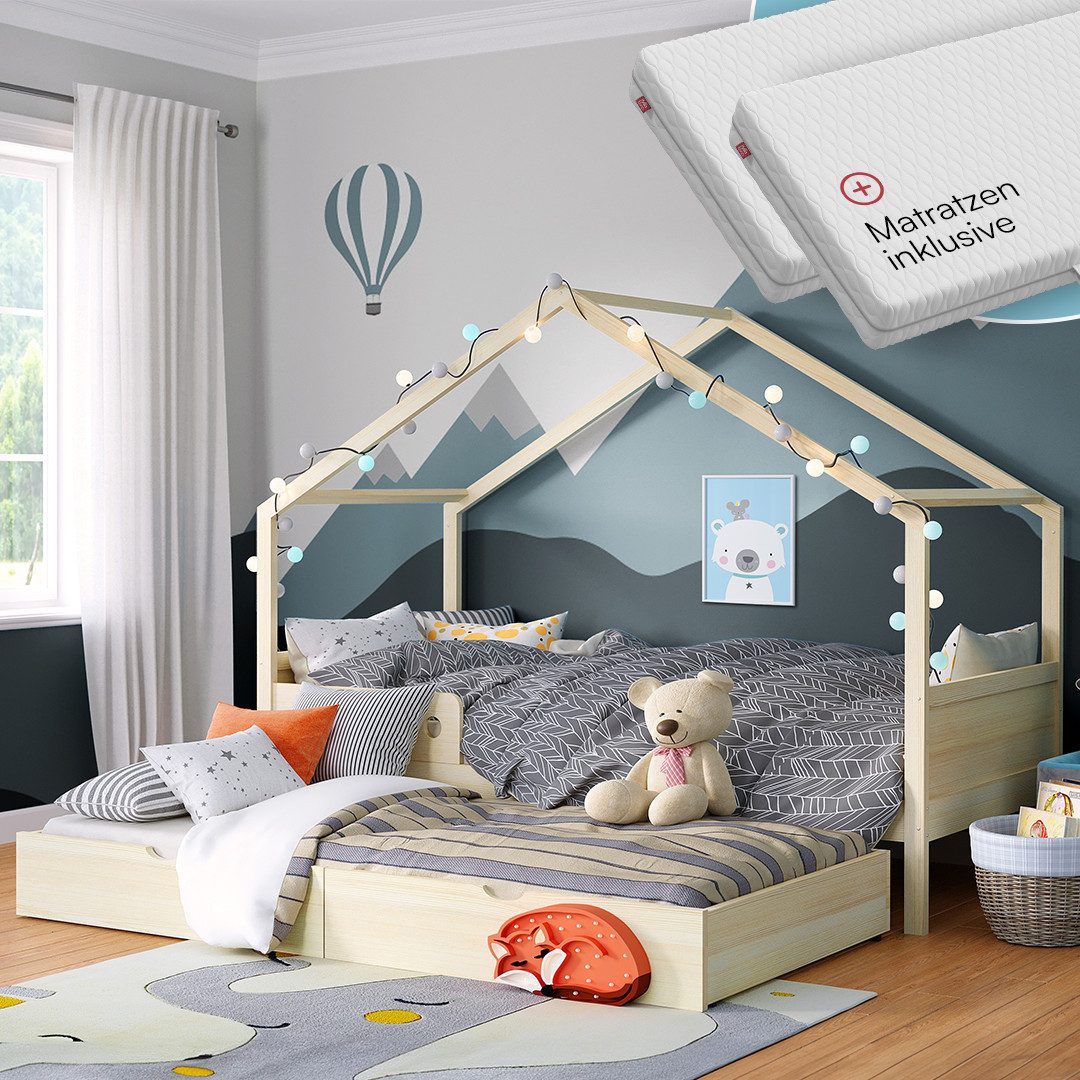 Bellabino Hausbett Bela 90x200 cm aus Massivholz Kiefer (natur, inkl. Gästebett 90x190 cm & Matratze), Kinderbett mit verstellbarem Rausfallschutz
