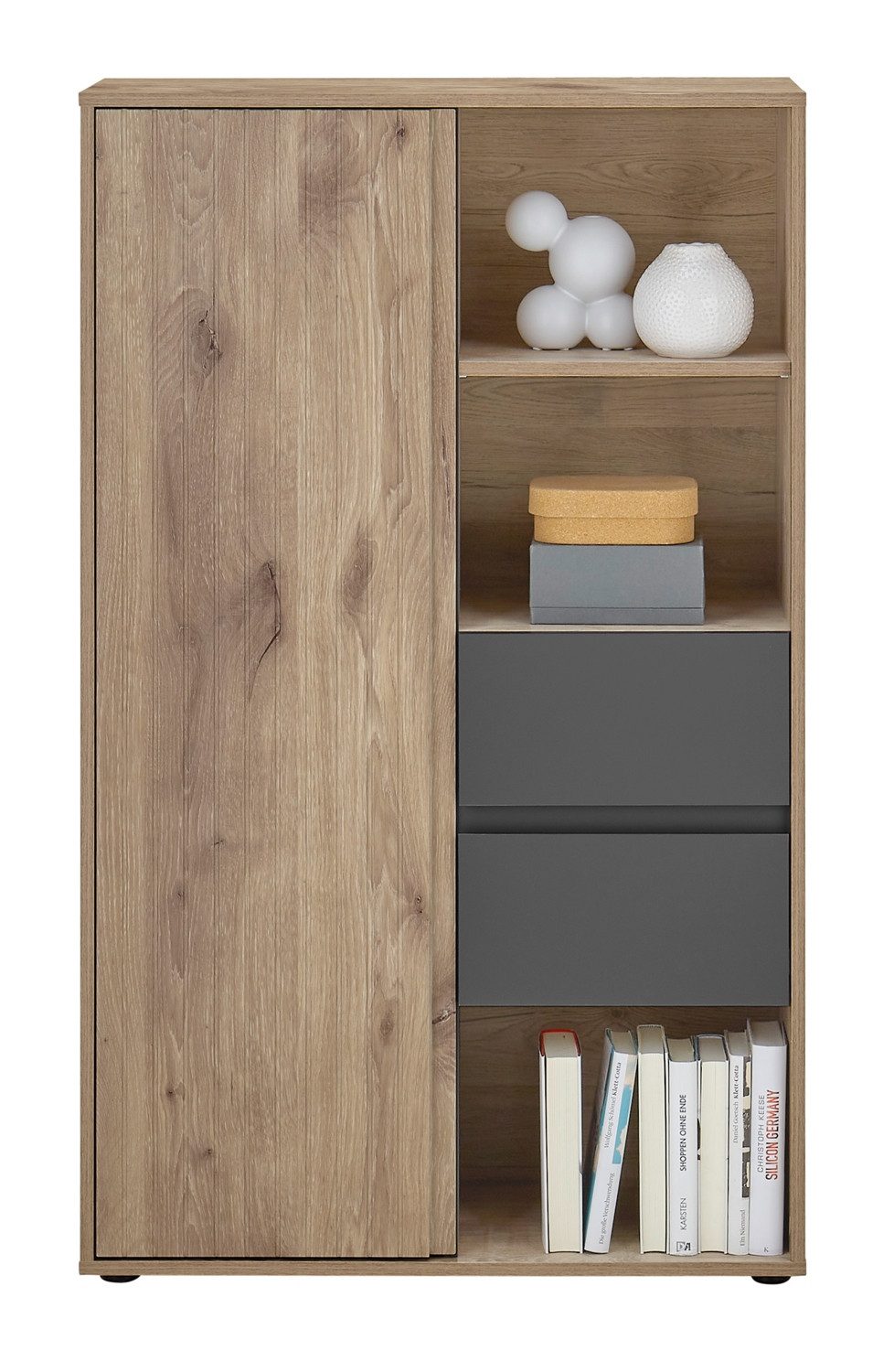 Bega Consult Highboard NOVARA, Viking Eiche Dekor, Grau Matt, 1 Tür, 2 Schubladen mit Soft-Close-Funktion, B 76 x H 125 x T 38 cm