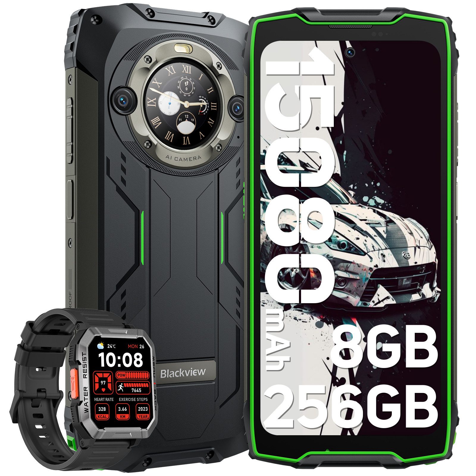 blackview BV9300Pro AI zwei Bildschirmenincl. W60 Smartphone (6.7 Zoll, 8 GB Speicherplatz, 64 MP Kamera, Zwei-Display-Layout, 2.4K, 120Hz, 15080mAh/ 33W, NFC/IP69K/FM/OTG)