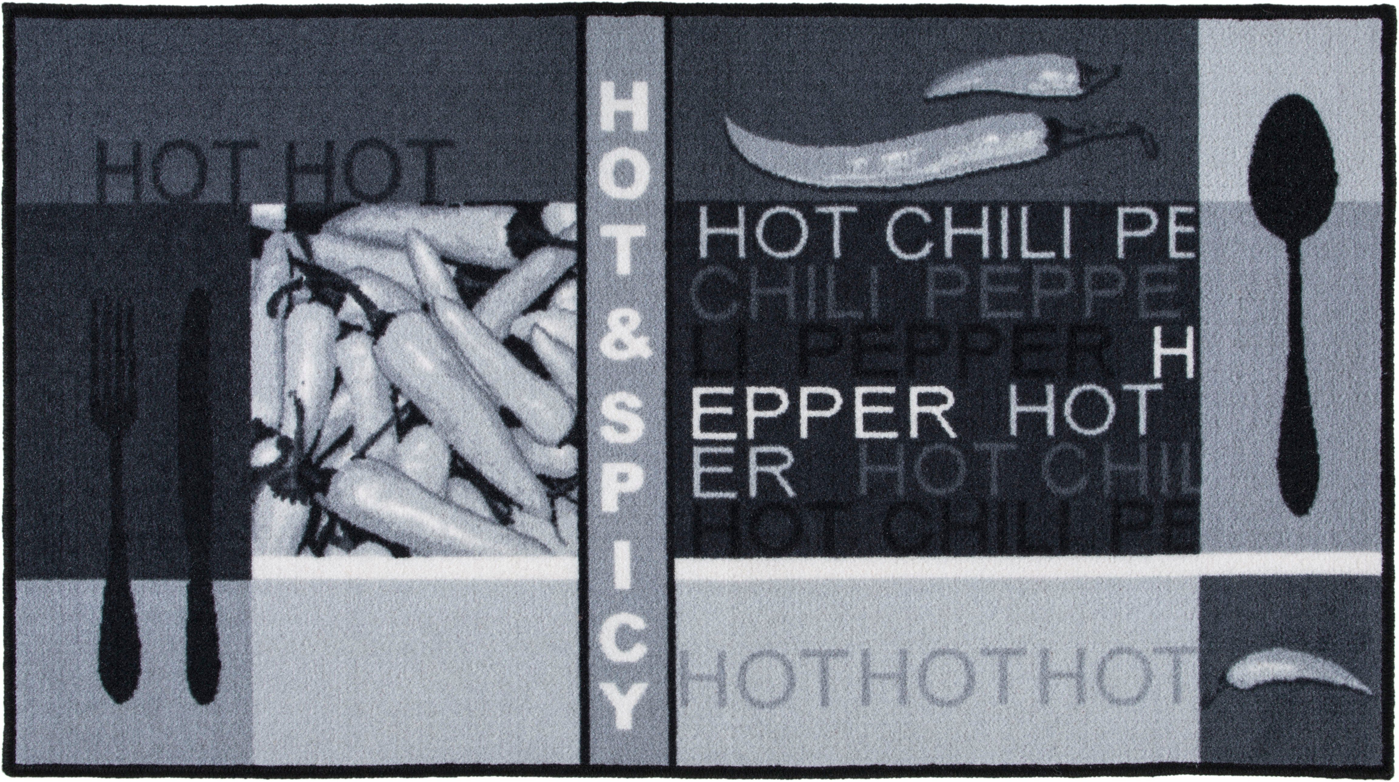 Küchenläufer Hot Pepper, Andiamo, rechteckig, Höhe: 5 mm, Motiv Peperoni/Chili, mit Schriftzug, Küche, waschbar grau