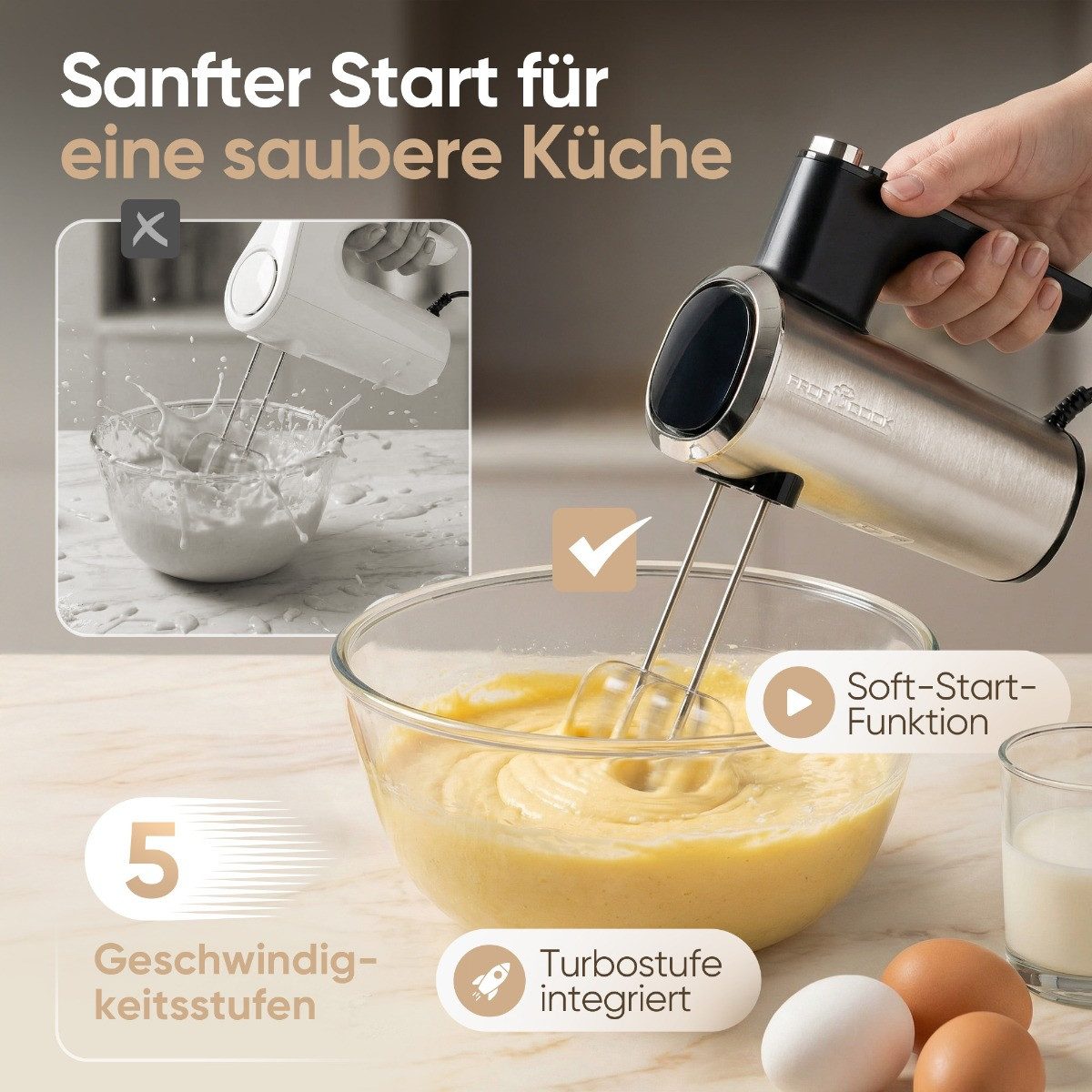 ProfiCook Handmixer PC-HM 1335, 5 Stufen, sanfter Start, 400W, Turbo-Funktion