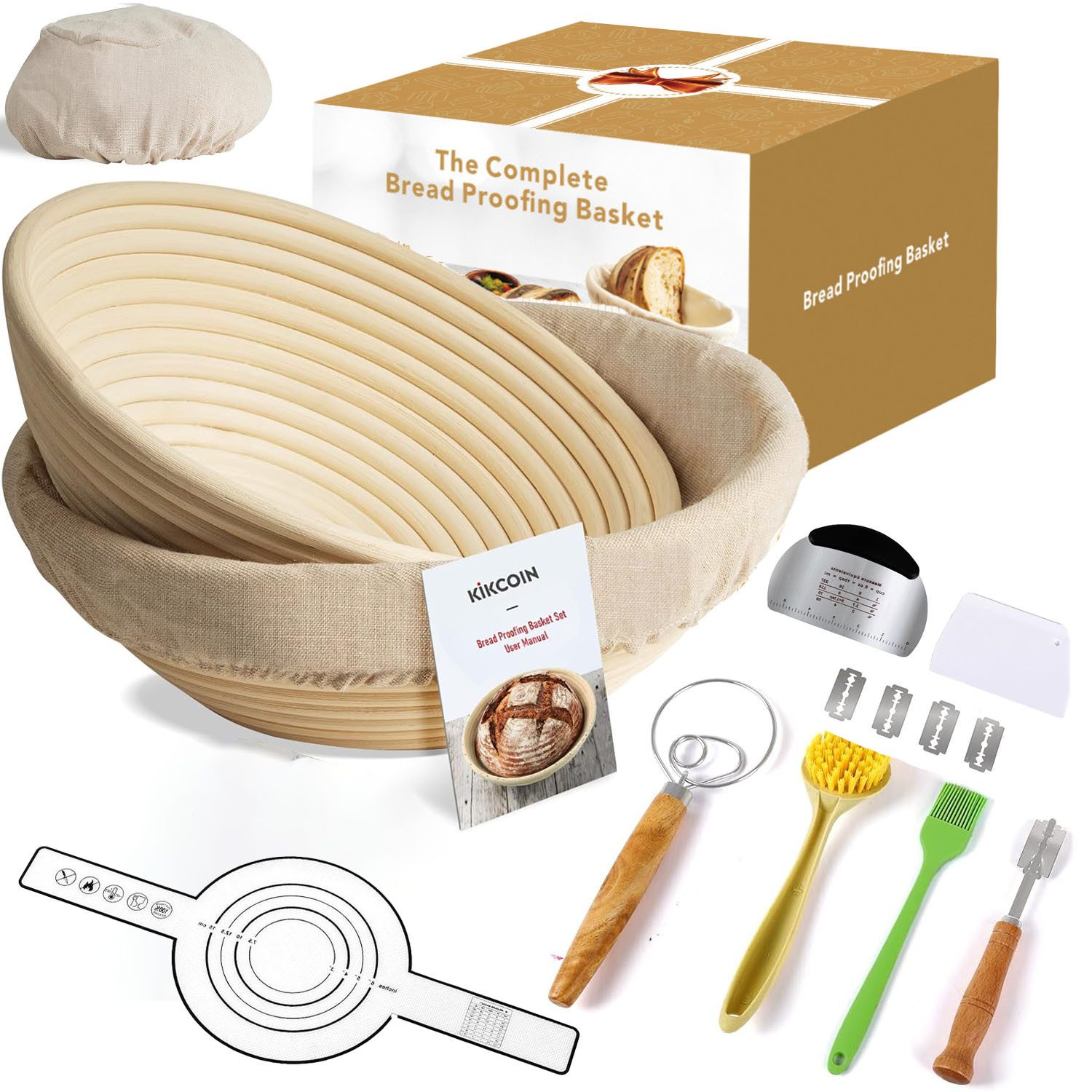 HEYHIPPO Gärkorb 9 Zoll Расстойные корзины Rund Set inkl. Teigschaber und Bäckermesser, (Banneton Brotform Set aus Rattan mit Leineneinsatz und Werkzeug 10-tlg), Formt und stützt Teig, sorgt für gleichmäßige Gärung und Muster