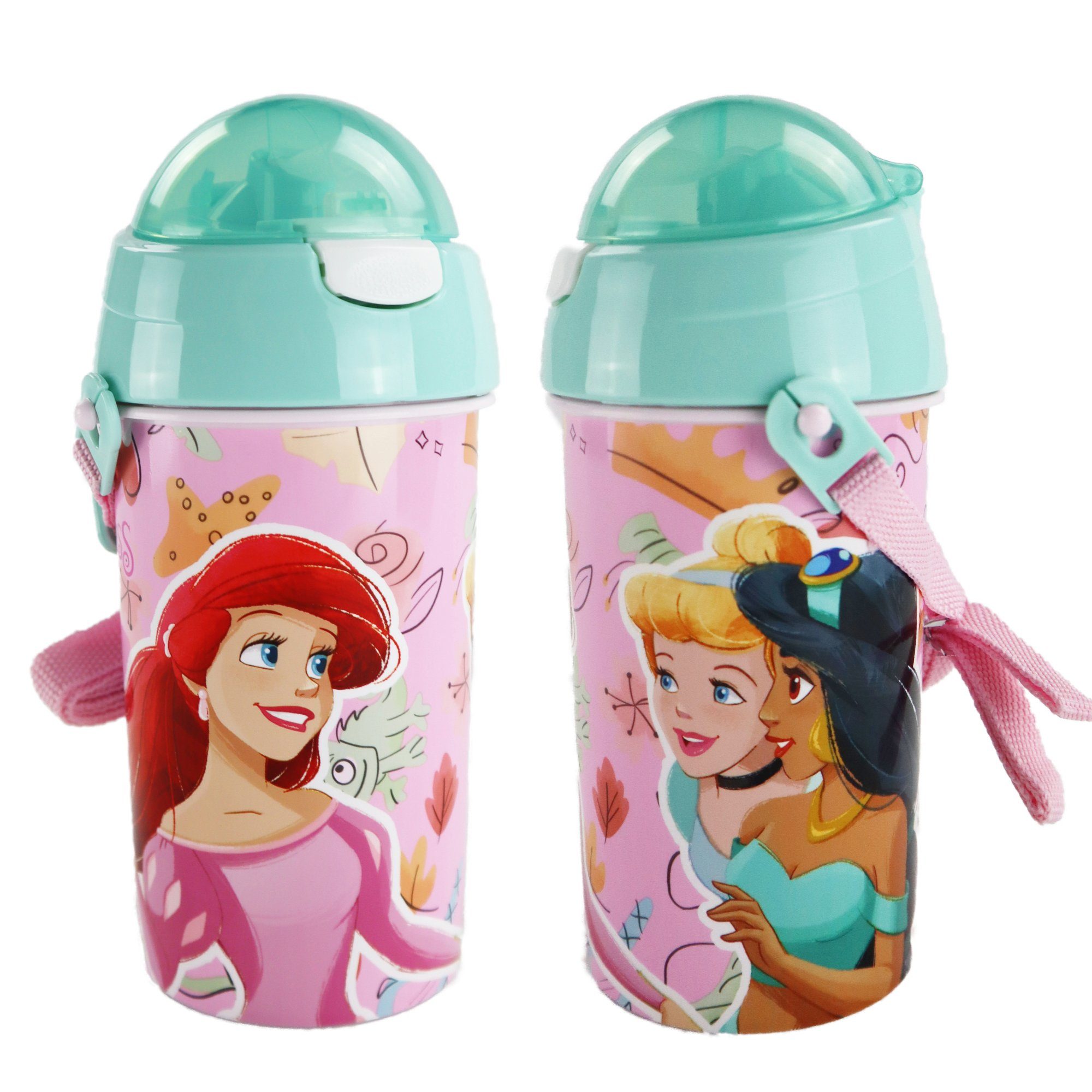 Disney Trinkflasche Disney Prinzessin Wasserflasche 500 ml, Flasche mit integriertem Trinkhalm Tragegurt 500 ml