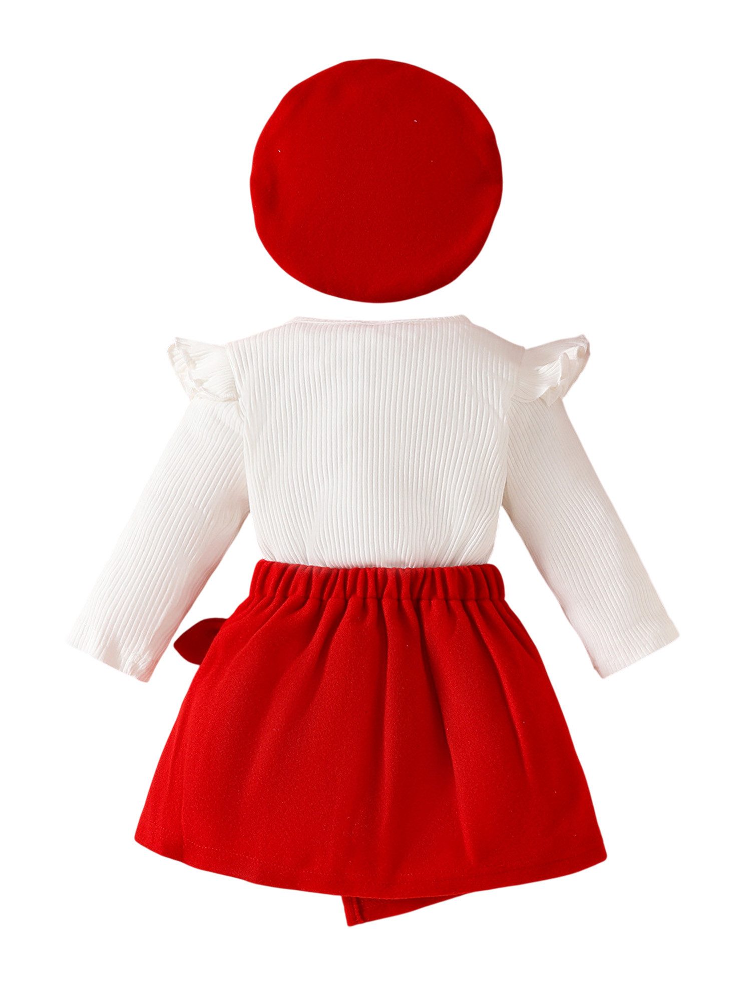 Gluckids Shirt & Rock Baby Mädchen elegantes Outfit, Strickoberteil, Samtrock, Baskenmütze (Set, 3-tg) Party Kleidung für Mädchen, Stilvolles farblich abgesetztes Alltagsset