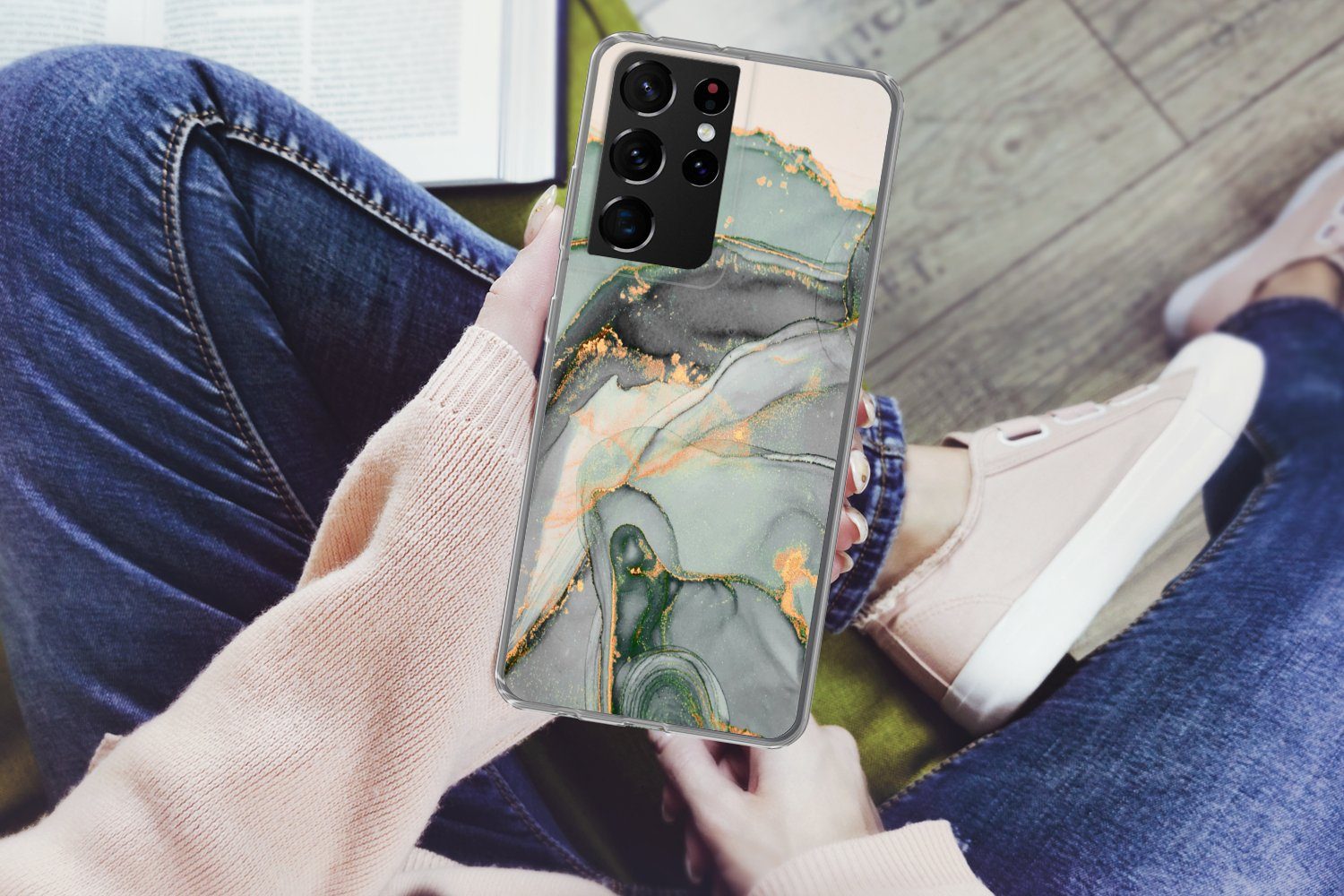 MuchoWow Handyhülle für Samsung Galaxy S21 Ultra Gold - Marmor - Grün - Luxus - Glitzer -, Phone Case, Silikon, Schutzhülle Dünn