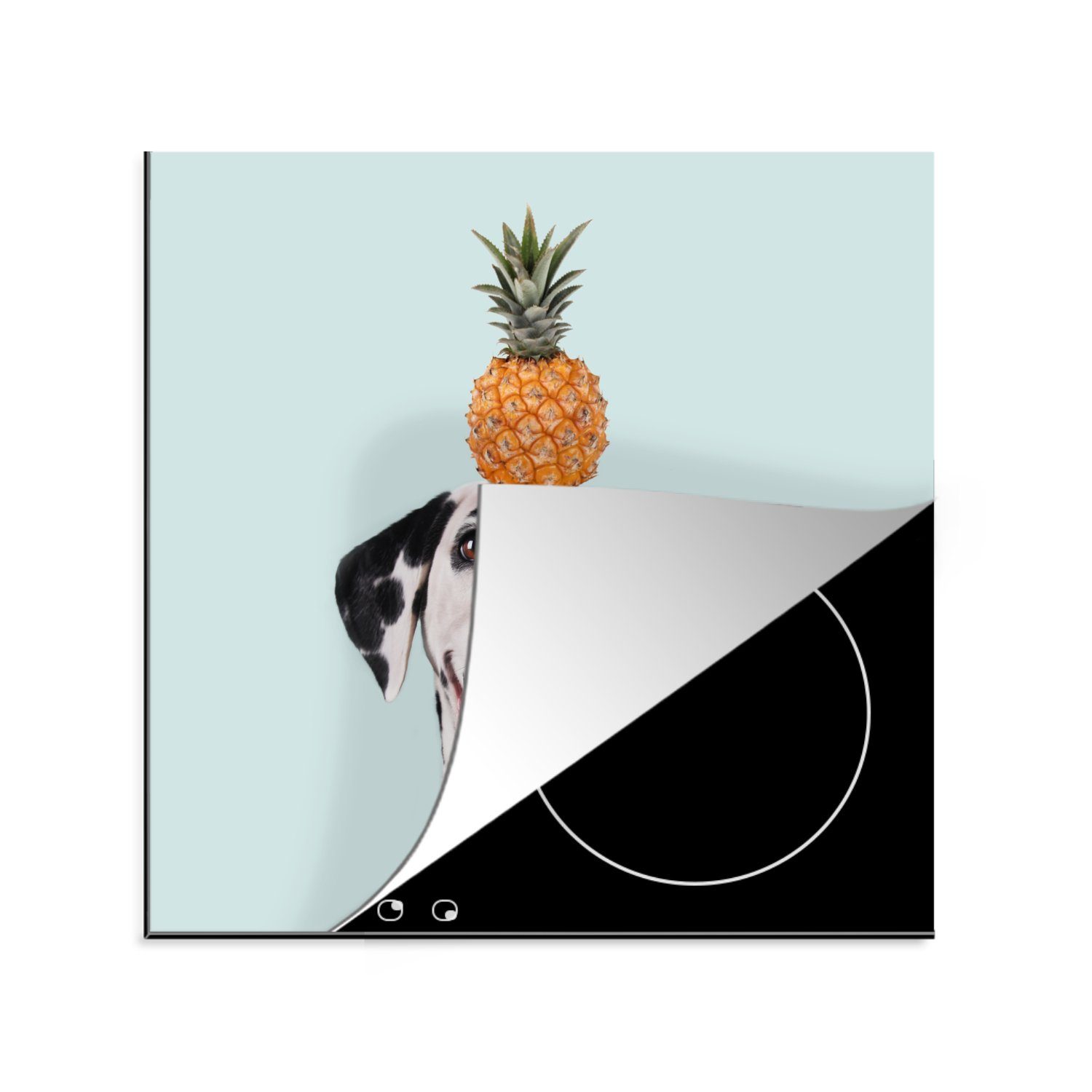 MuchoWow küche für auf Ananas Arbeitsplatte 78x78 Herdblende-/Abdeckplatte Vinyl, (1 tlg), Dalmatiner einer dem Kopf, Ceranfeldabdeckung, cm, mit