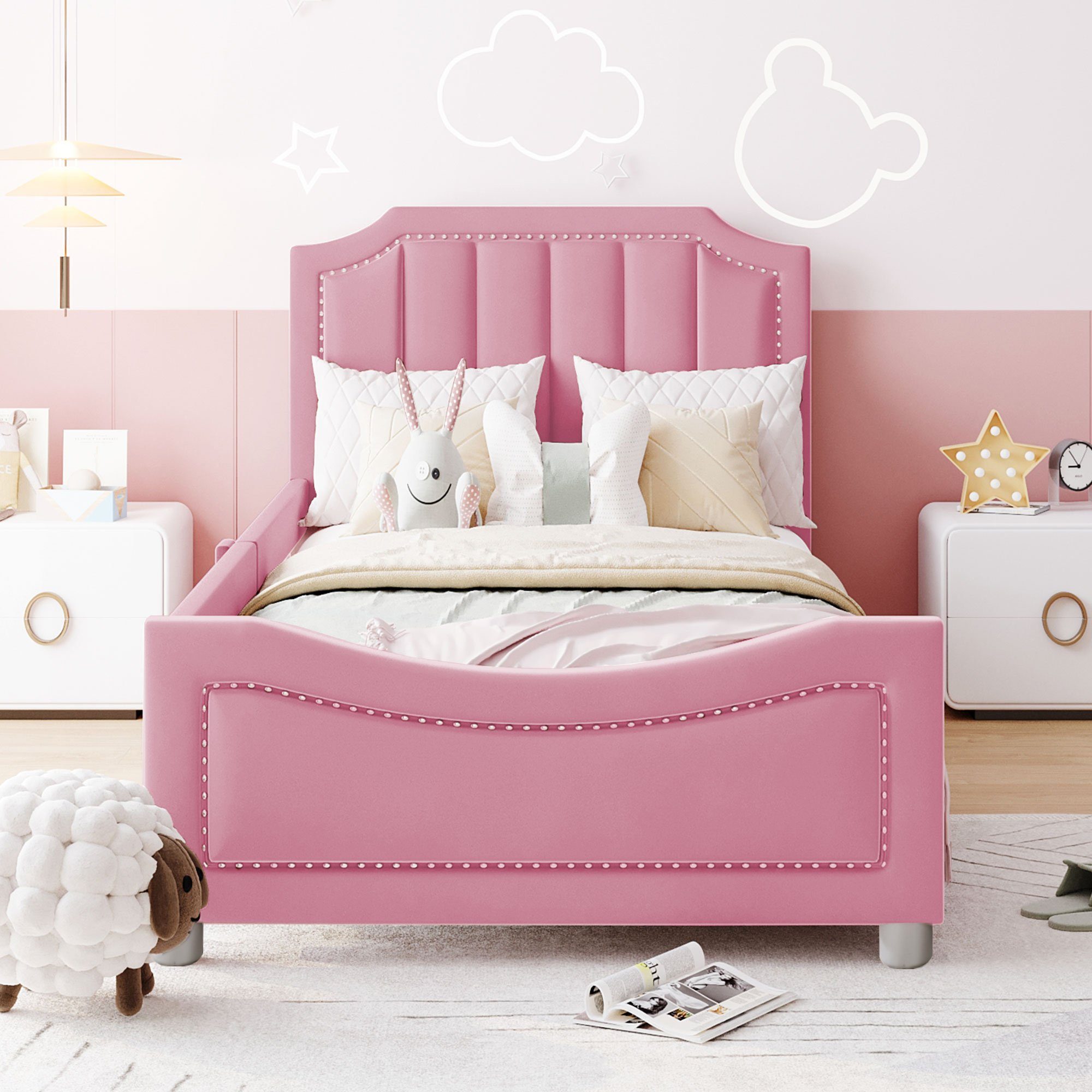 Odikalo Kinderbett Polsterbett Jugendbett 90x200 Flanell Rückenlehne Armleh günstig online kaufen