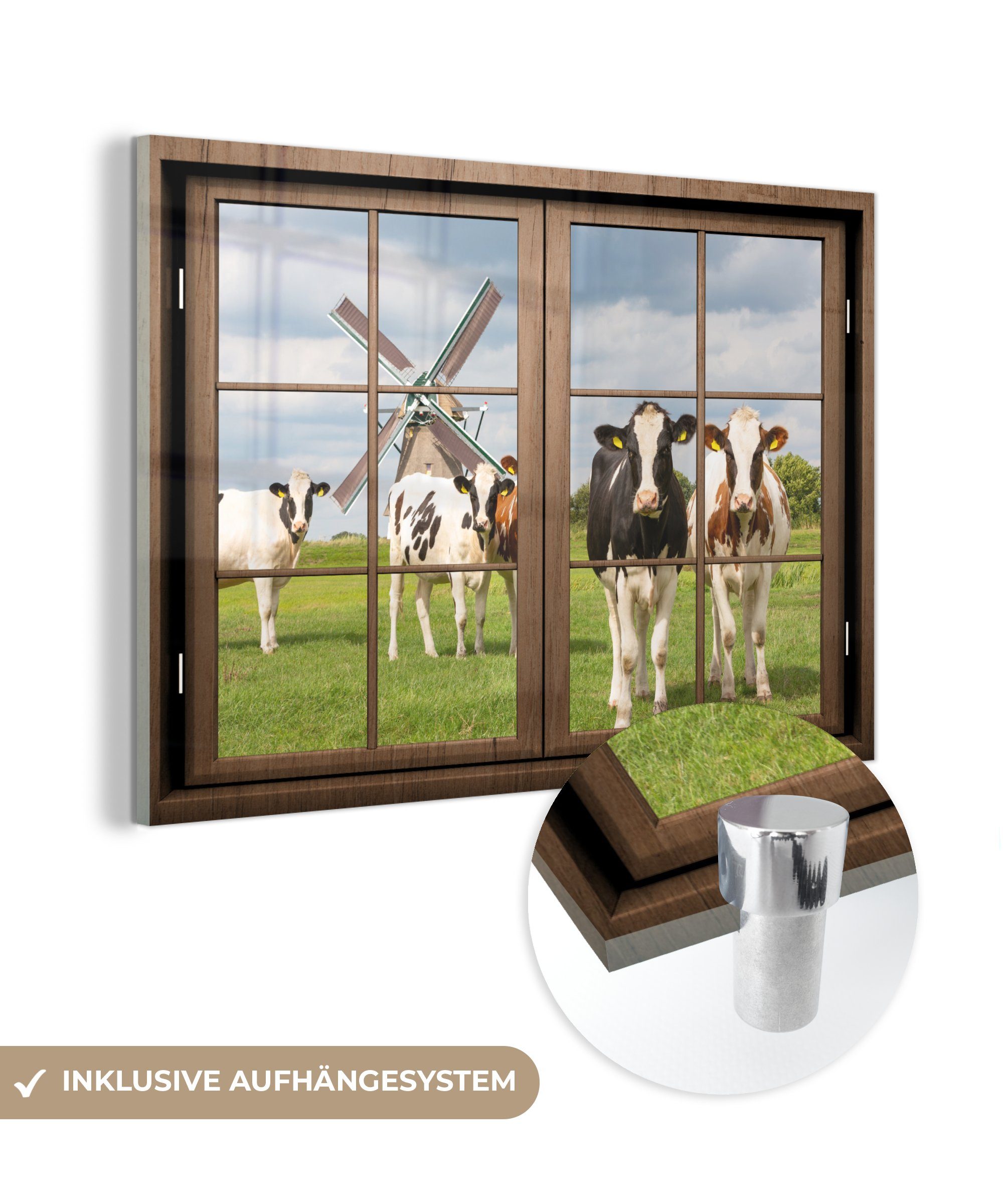 MuchoWow Acrylglasbild Ansicht - Mühle - Kuh, (1 St), Glasbilder - Bilder auf Glas Wandbild - Foto auf Glas - Wanddekoration