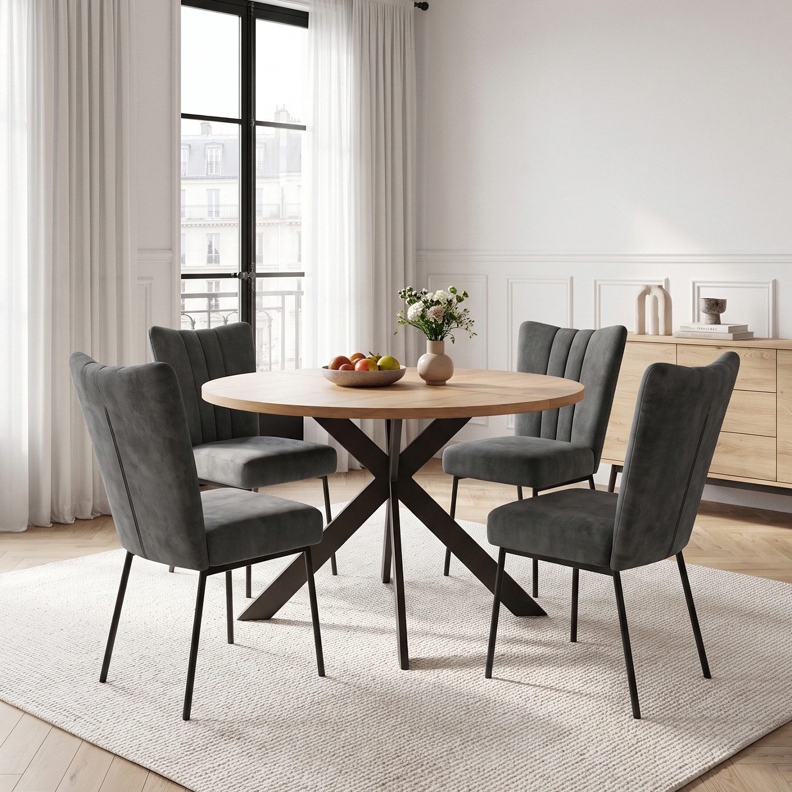 Jiexi Essgruppe Essgruppe Runder Tisch Ø 115cm Eiche Sternfuß & Samt Stühle