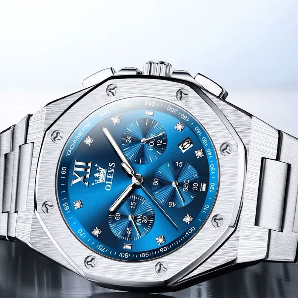 OLEVS Quarzuhr Herrenuhr Olevs Chrono Achtkant-Design Blau