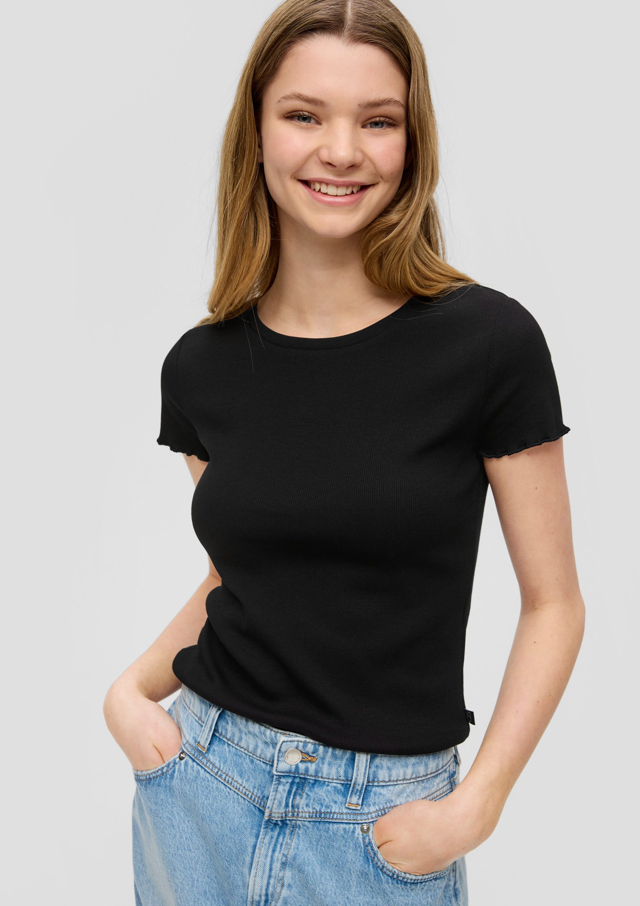 QS Kurzarmshirt T-Shirt Cropped Top mit Rippstruktur