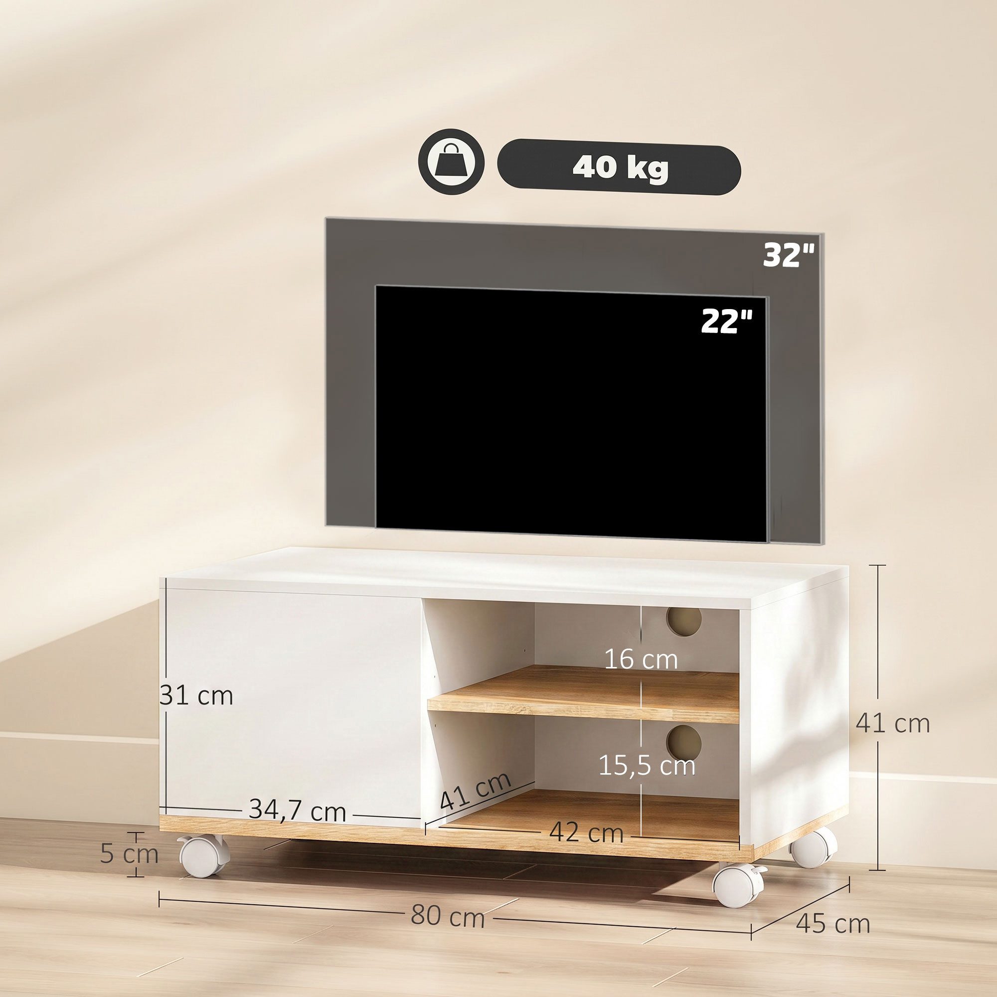 HOMCOM TV-Board Fernsehtisch für Fernseher bis 32 Zoll (Lowboard auf Rollen, 1 St., 1 TV-Schrank), Mit Rollen und Kabelführung, für 32 Zoll TV