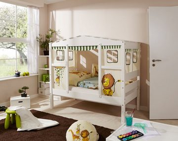 Ticaa Hausbett Hausbett Mini mit Bettkasten "Safari" Kiefer Weiß (Set, Bett mit Vorhangstoff), Hausbett optional erweiterbar