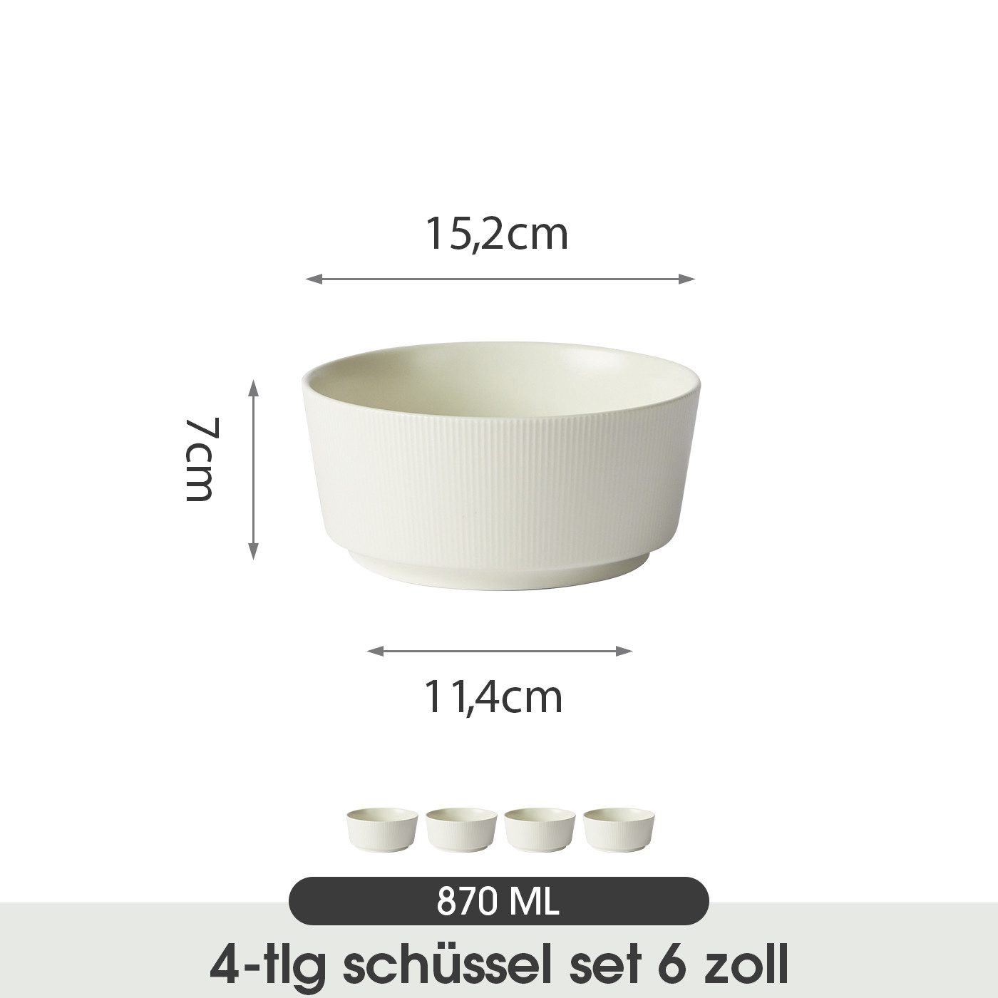 JIWOO Schüssel 4er Ø15,2cm, Müslischüssel Suppenschüssel Salatschüssel Dessertschale, Keramik, (Schüsselset, 4-tlg), Hochwertiges Schüsseln Weiß Mikrowellen spülmaschinenfest Ø15,2cm