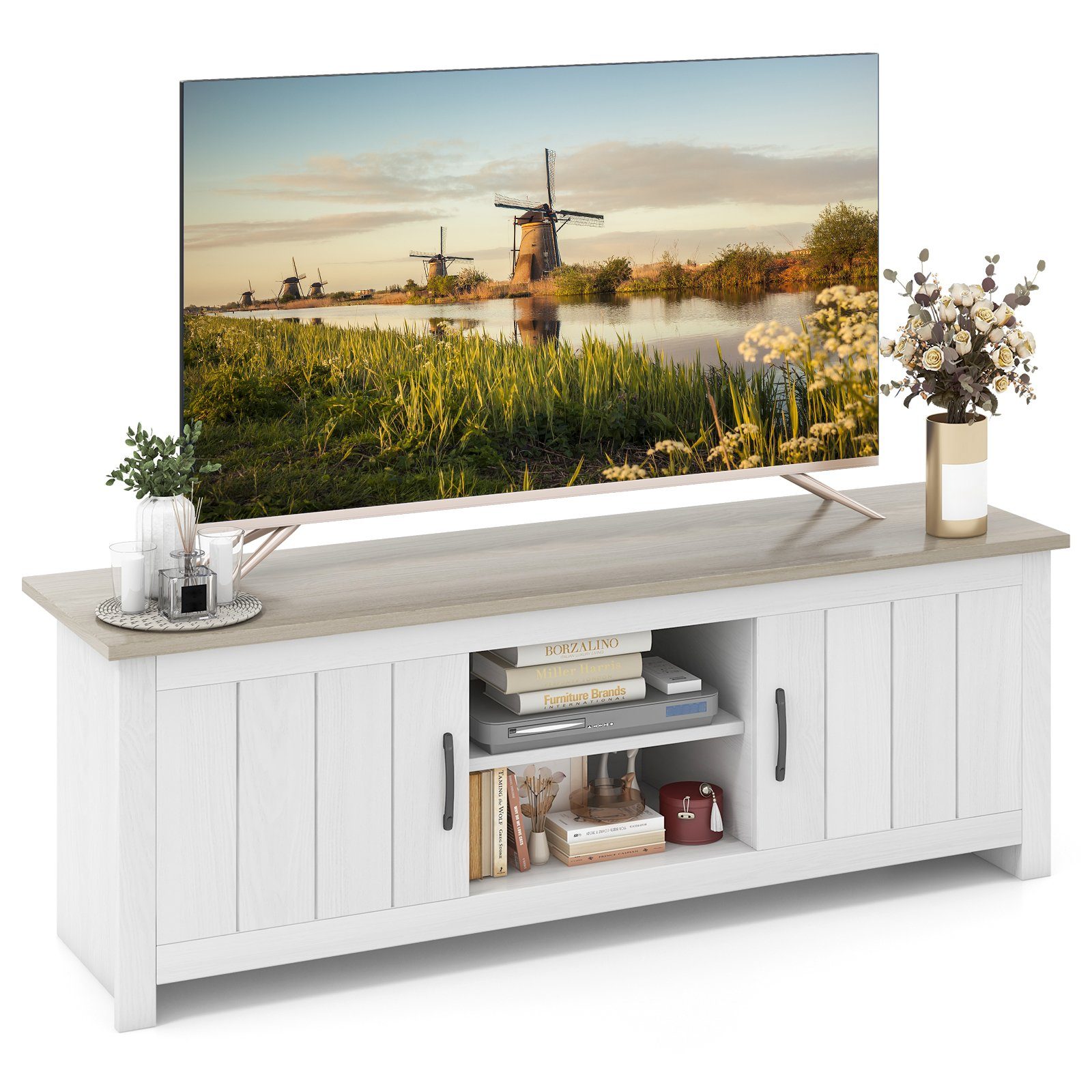 COSTWAY TV-Schrank Holz, mit Türen & offenen Regalen, 145x40x50cm Eiche