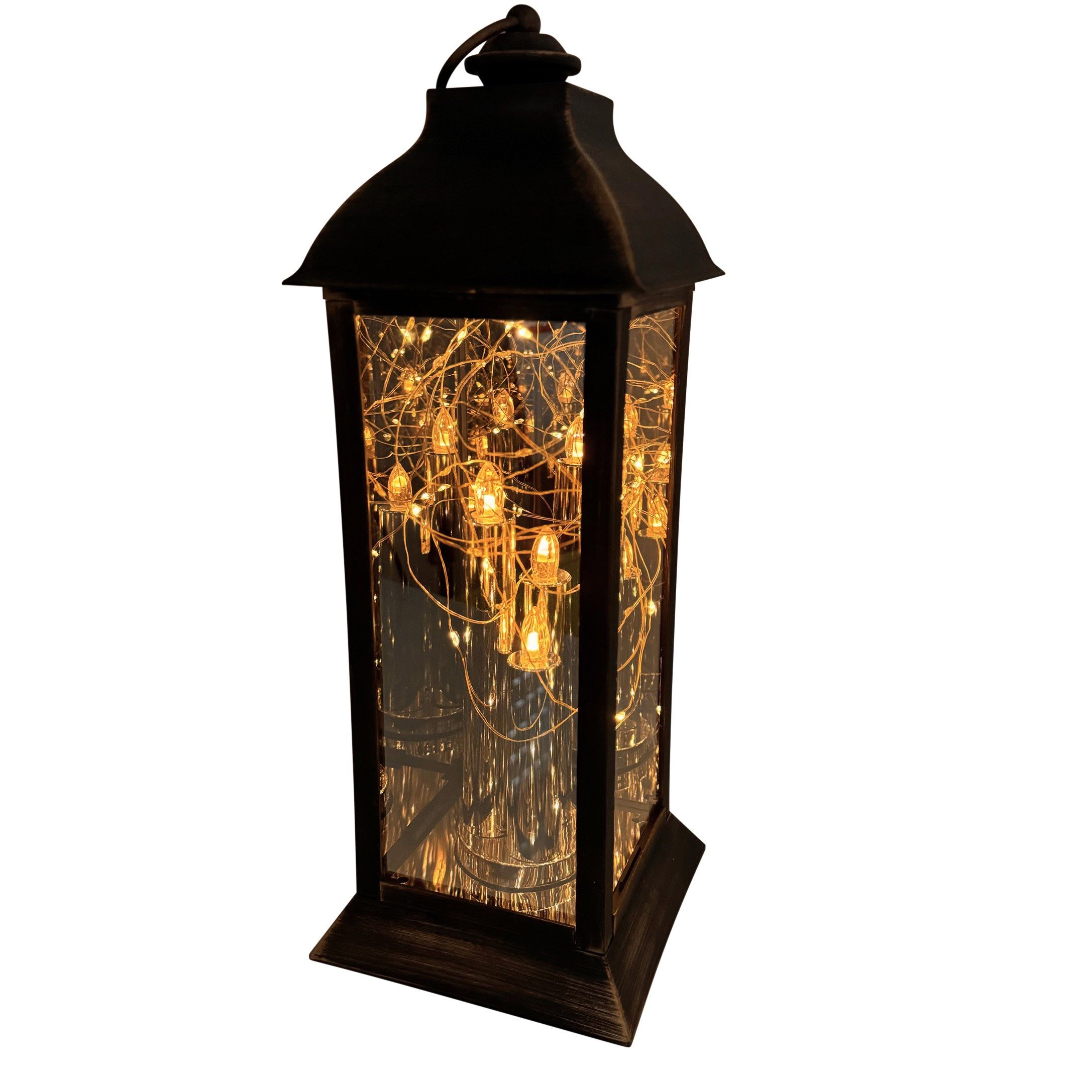 Online-Fuchs LED Laterne mit Stumpenkerze, LED Lichterkette, Timer und Funkeleffekt im Set, Outdoor geeignet, Warmweiß, Vintage-Look, Deko Laternen für draußen in Schwarz, Weiß oder Rot