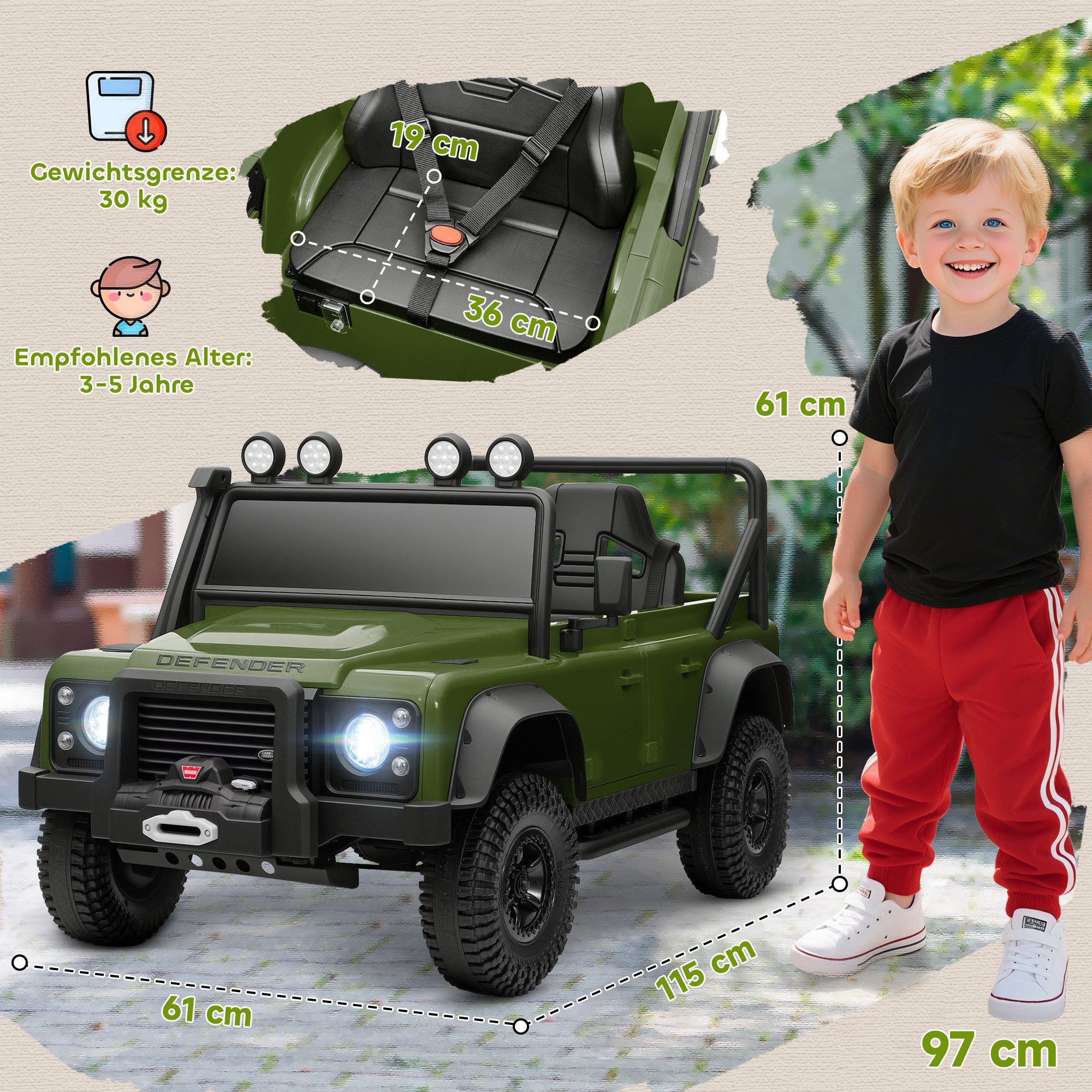 AIYAPLAY Elektro-Kinderauto Land Rover Defender 110 SVX 12V 7Ah mit Fernbedienung, 2 Motor, Belastbarkeit 30 kg, (1-tlg), für Kinder 3-5 Jahre Militärgrün