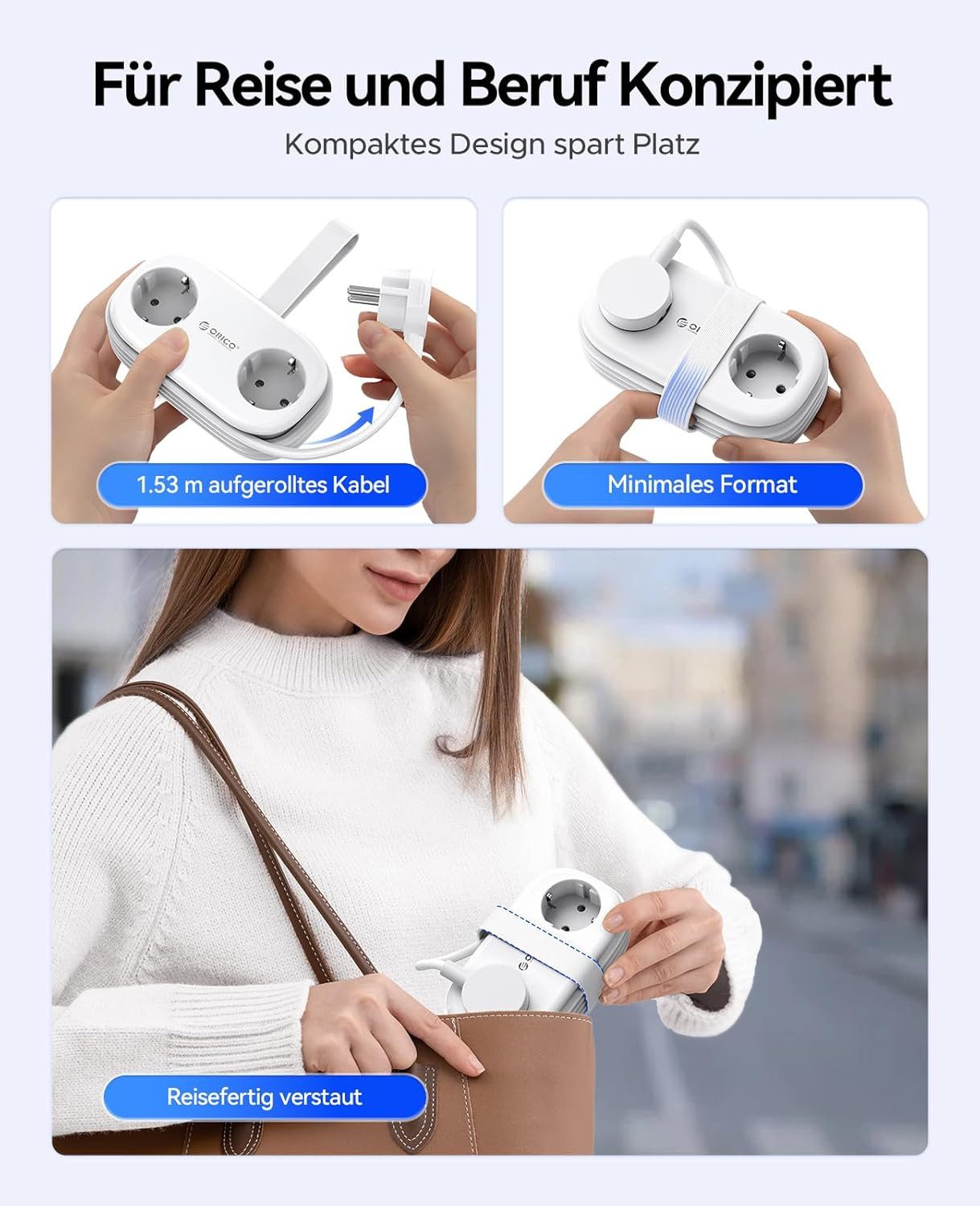 ORICO Steckdose AP3 20W Reisesteckdosenleiste mit USB-C PD, 1,5 m Kabel – kompakt für Reise & Home Office, 1-St., 2 Steckdosen & 3 USB-Anschlüssen, für Haushalt – Bild 5 von 5