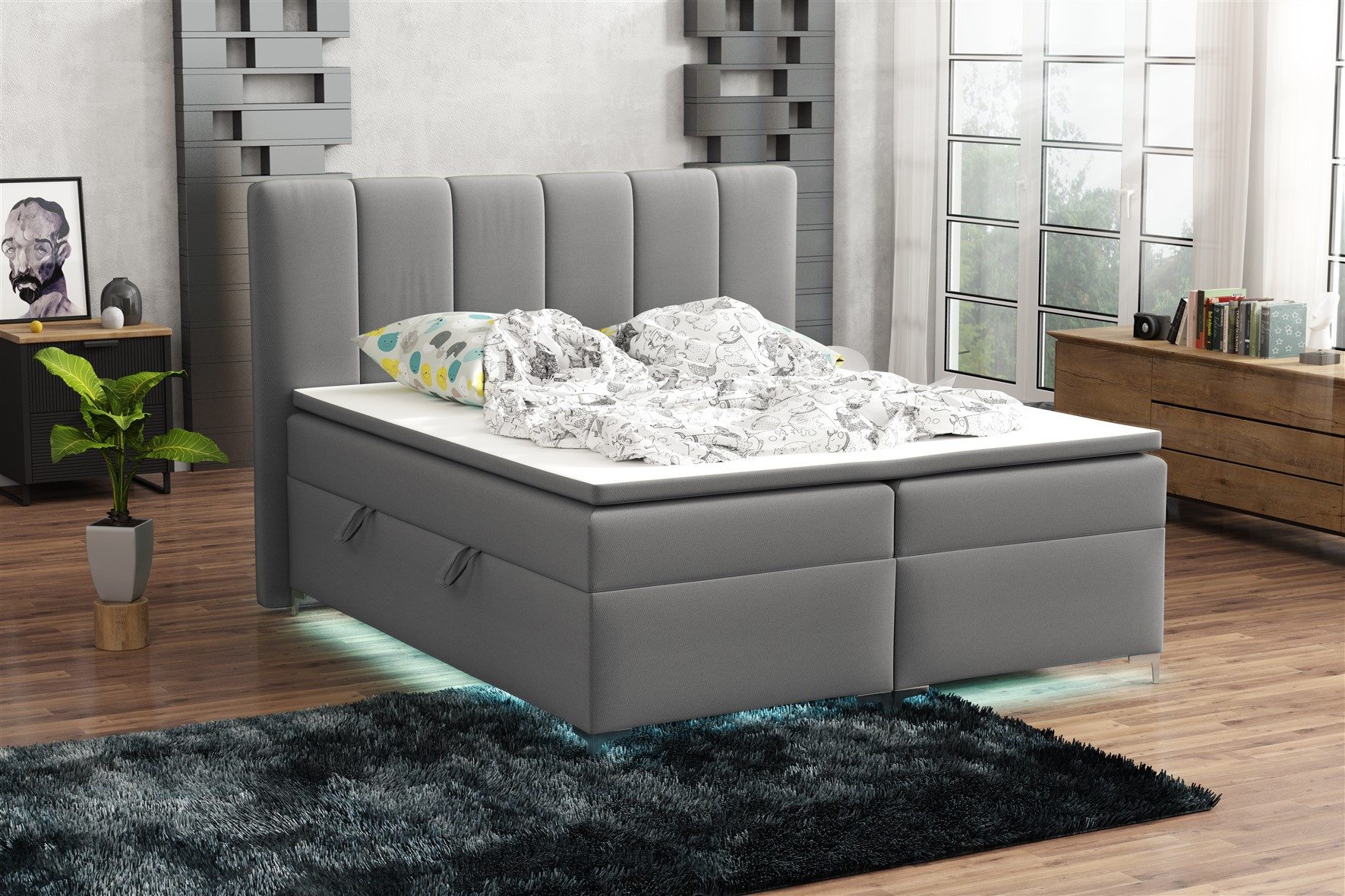 Fun Möbel Boxbett Bett Schlafzimmerbett ANGEL inkl. LED-Beleuchtung (Bettkasten Beleuchtet, inkl. Fernbedienung für die LED-Beleuchtung), Inkl. Topper und Bettkasten