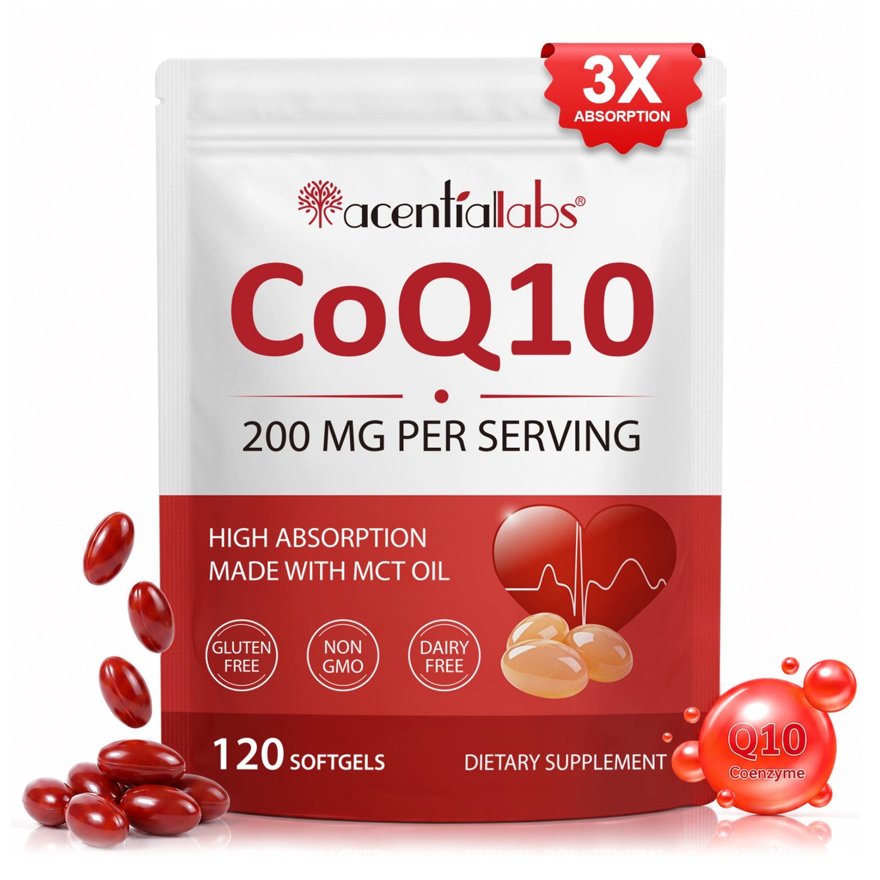 Acentiallabs Coenzym Q10 CoQ10 mit MCT-Öl 200mg Kapsel Laborgeprüft Natur Softgels, Superfood, Gesundheit, Nahrungsergänzungsmittel