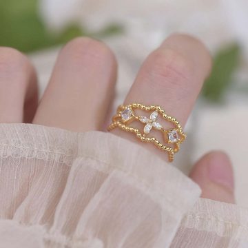 FIDDY Fingerring Design-Ring in Gold mit offener Zirkonia, Vintage-Endring (1-tlg), Blumen, Strasssteine, Damen, Hochzeit, bezauberndes Geschenk