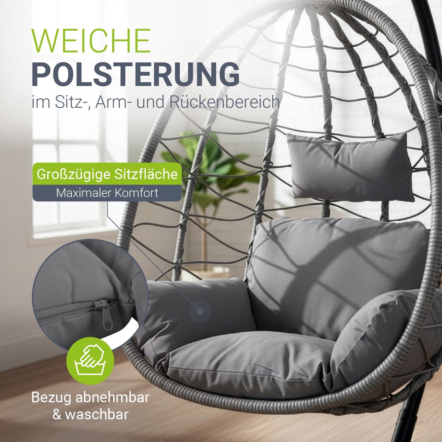 Juskys Hängesessel Aria, im Boho Stil, große Sitzfläche, mit Gestell, höhenverstellbar