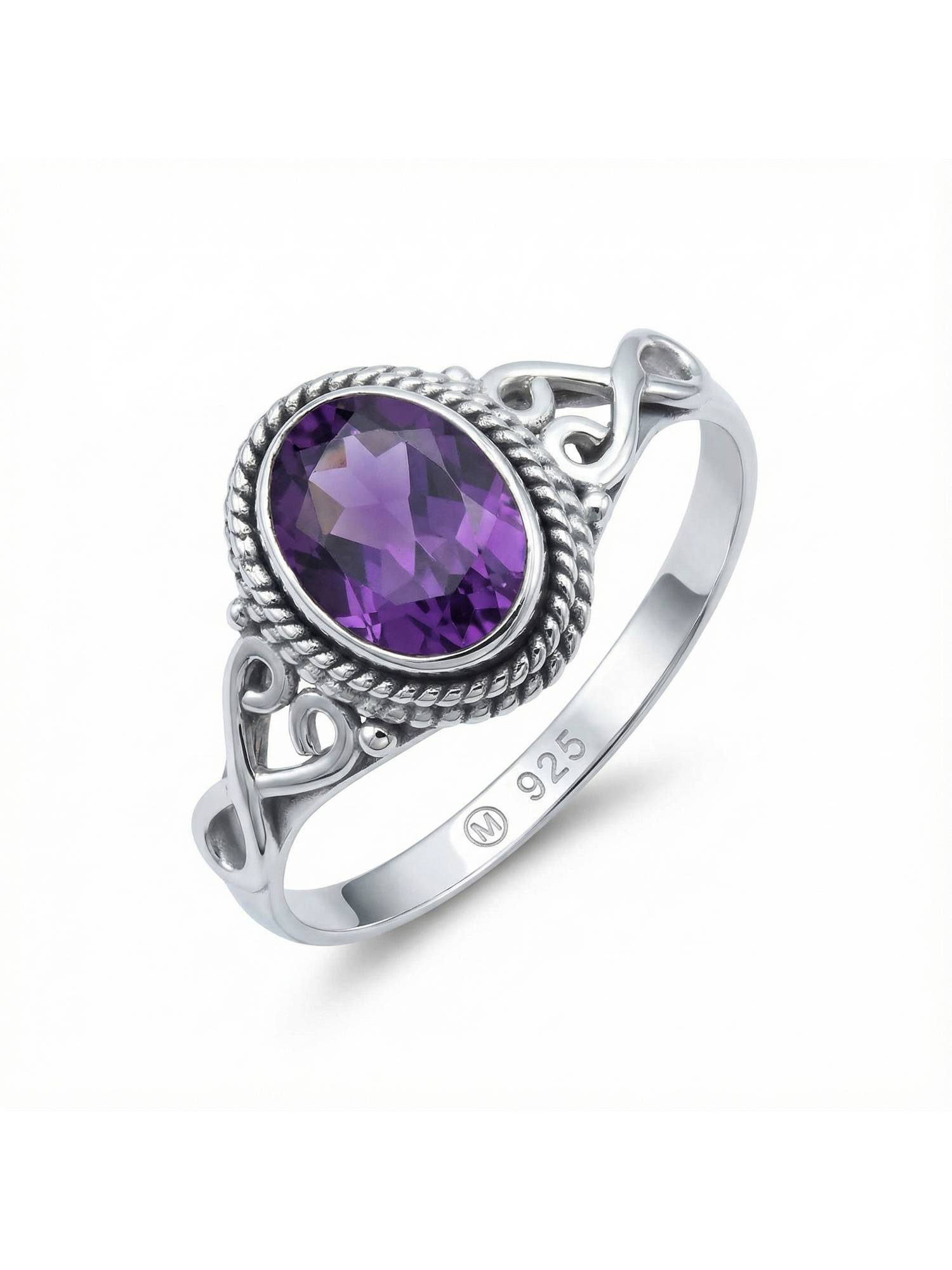 mantraroma Silberring BAGHIMI oval aus 925 Silber mit Amethyst facettiert (Ring mit Schmuckbeutel), Damenring aus 925er Silber