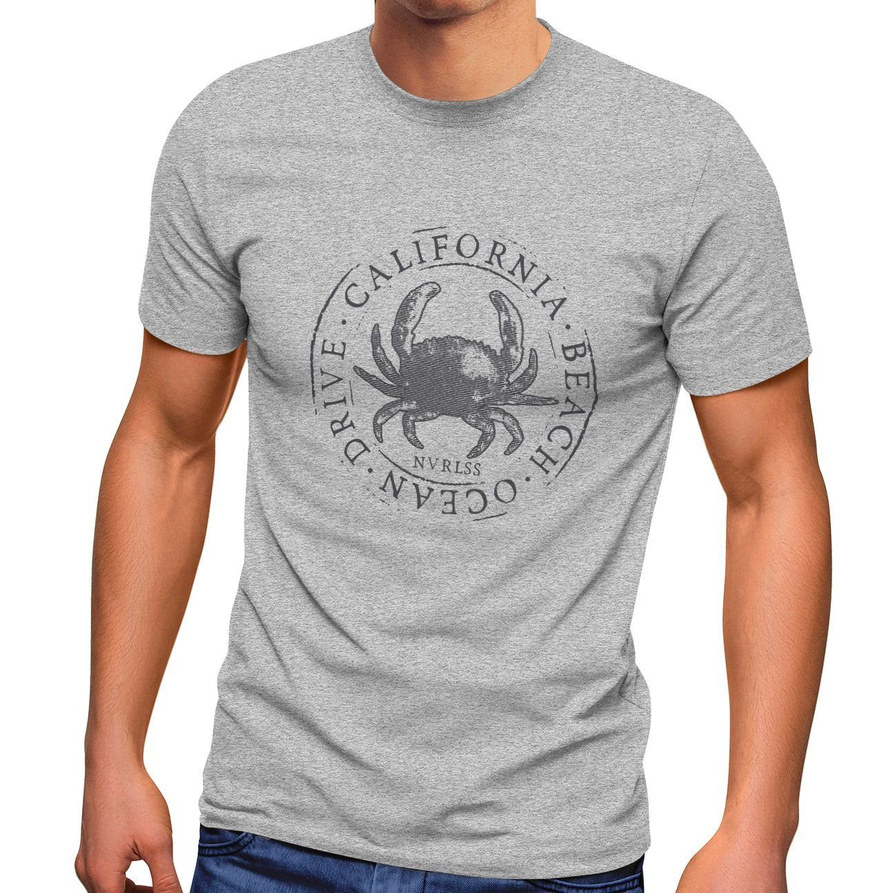 Drive Sommer Ocean Neverless® Krebs Crab Krabbe T-Shirt Neverless Print Beach Streetstyle Fashion grau California Herren mit Print-Shirt