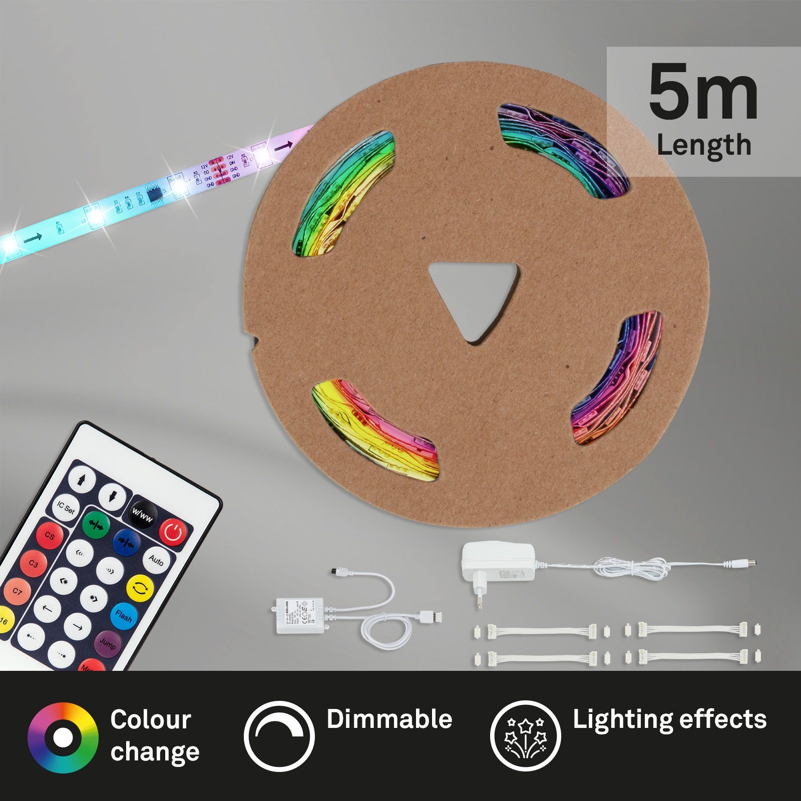 Briloner Leuchten LED Stripe, 150-flammig, 5m, RGB, dimmbar, Zuleitung 1,5 m, Fernbedienung, weiß