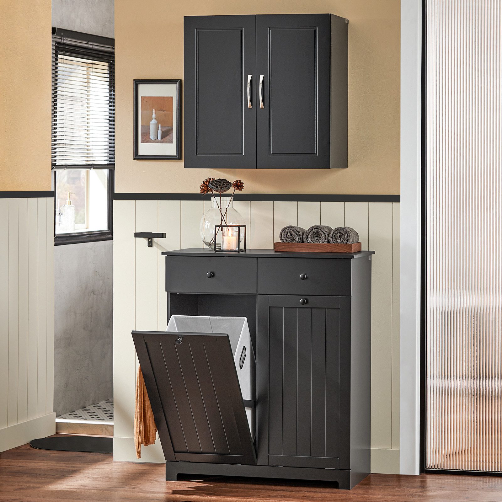 SoBuy Wäscheschrank DE1-BZR33, Badschrank mit Wäschekorb, Badkommode, Bad Waschküche Badezimmerschrank Wäscheschrank mit 2 Schubladen und 2 Wäscheboxen – Bild 2 von 5