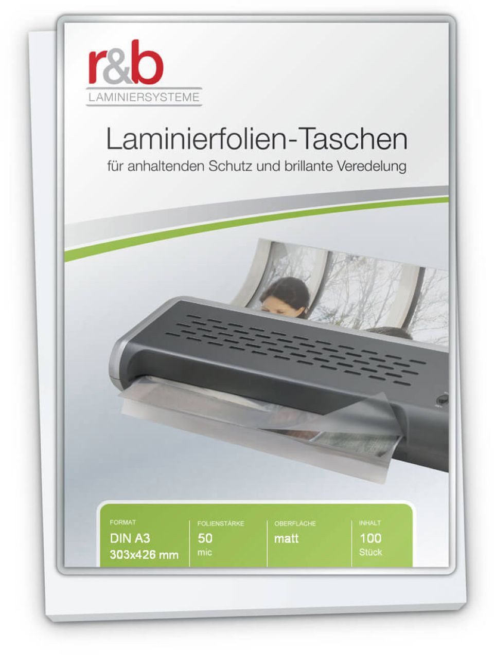 r&b Laminiersysteme Laminierfolie r&b Laminierfolie, A2-A7, 60-250mic, matt, A3, Matt, 100 St., Reflexionsfrei, beschreibbar, blasenfrei, reißfest, wasserabweisend