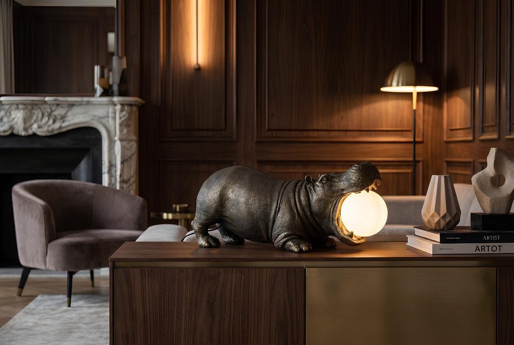 riess-ambiente Tischleuchte HIPPO 45cm schwarz/weiß – Nilpferd-Skulptur, Lampenkugel, Accessoire, keine besonderen Funktionen, ohne Leuchtmittel, dekorative Figur als Blickfang – ideal für Sideboard, Regal oder Tisch
