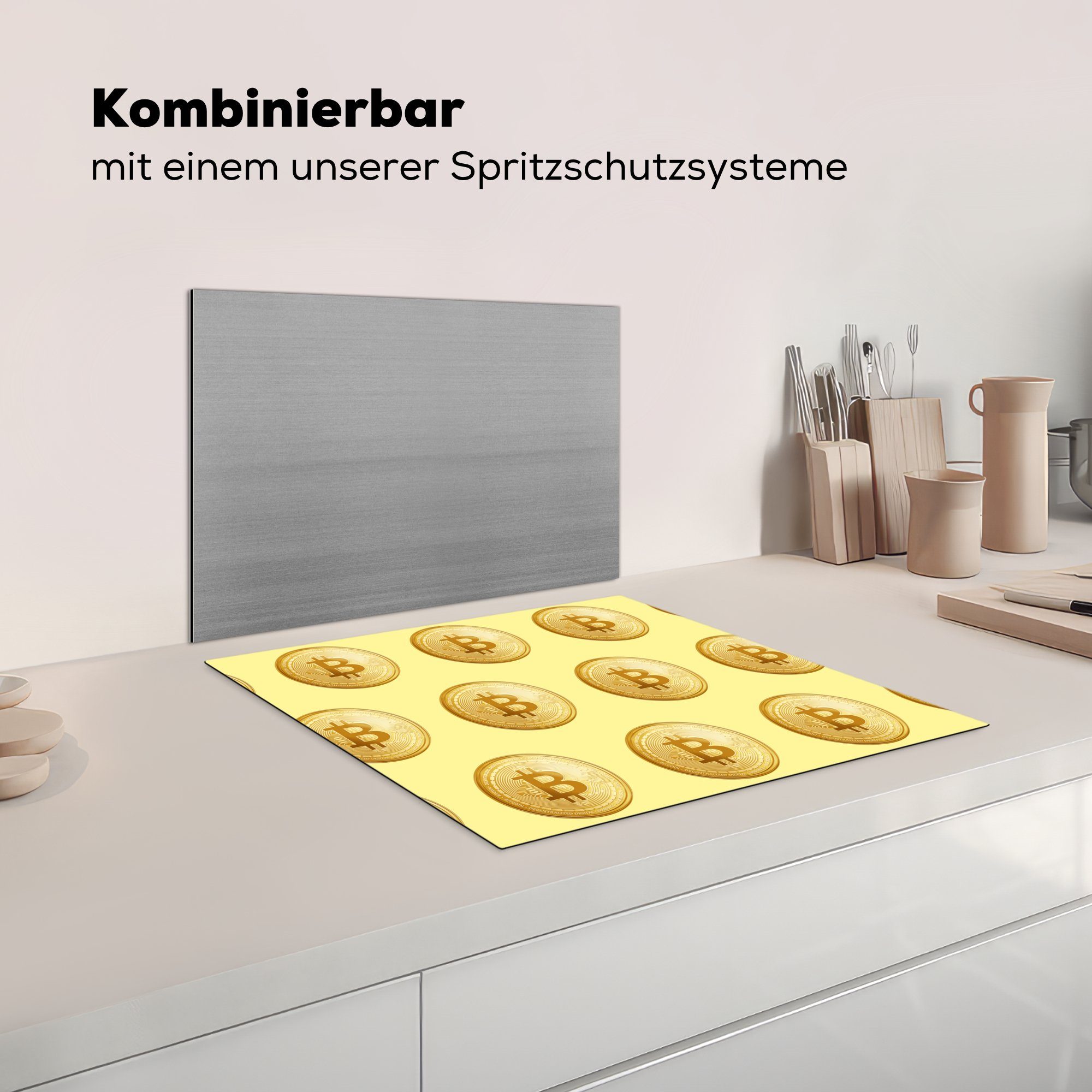 Ceranfeldabdeckung - (1 für - Bitcoin Gelb, küche, Muster Induktionsmatte - tlg), cm, die Herdblende-/Abdeckplatte MuchoWow Gold 59x52 Vinyl,