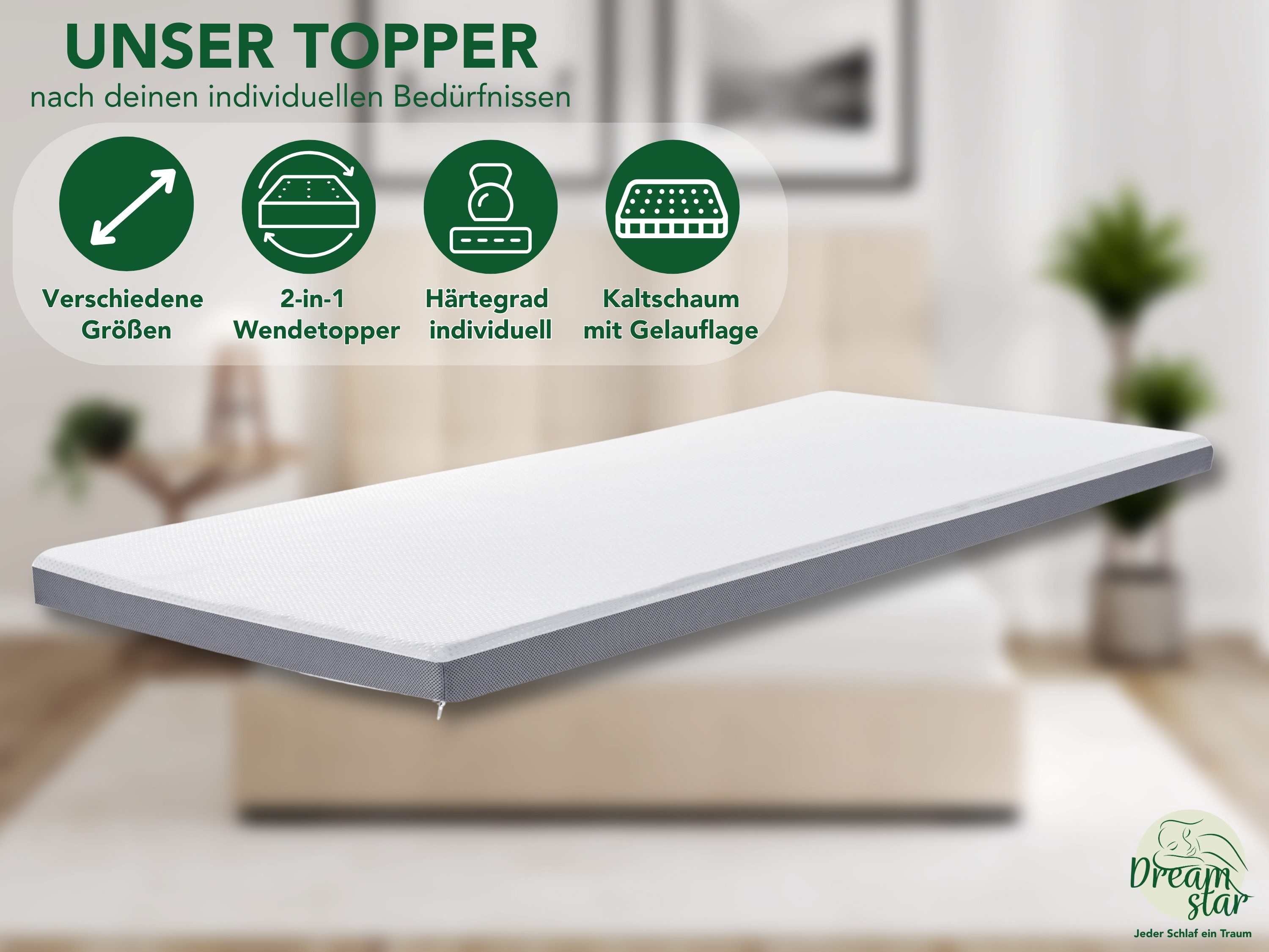 Dreamstar, Topper 7-Zonen Matratzentopper mit Gel-Memory- & Komfortschicht, H2/H3, 8 cm hoch, Komfortschaum, rutschfest, Bezug waschbar - für Matratzen und Boxspringbetten