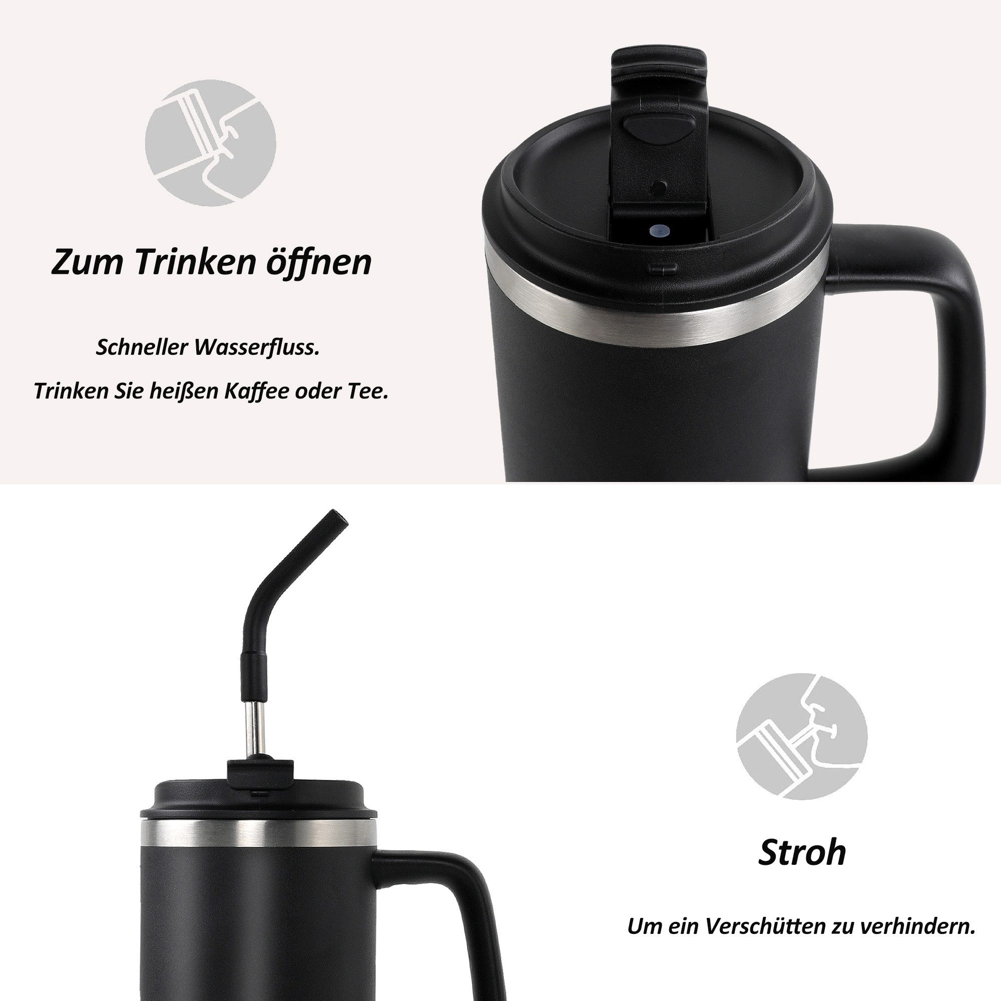CALIYO Thermobecher Edelstahl Autobecher BPA frei mit Strohhalm und Deckel 1.2L, Spülmaschinenfest Langanhaltend kühl / warm für Sport, Reisen – Bild 4 von 5