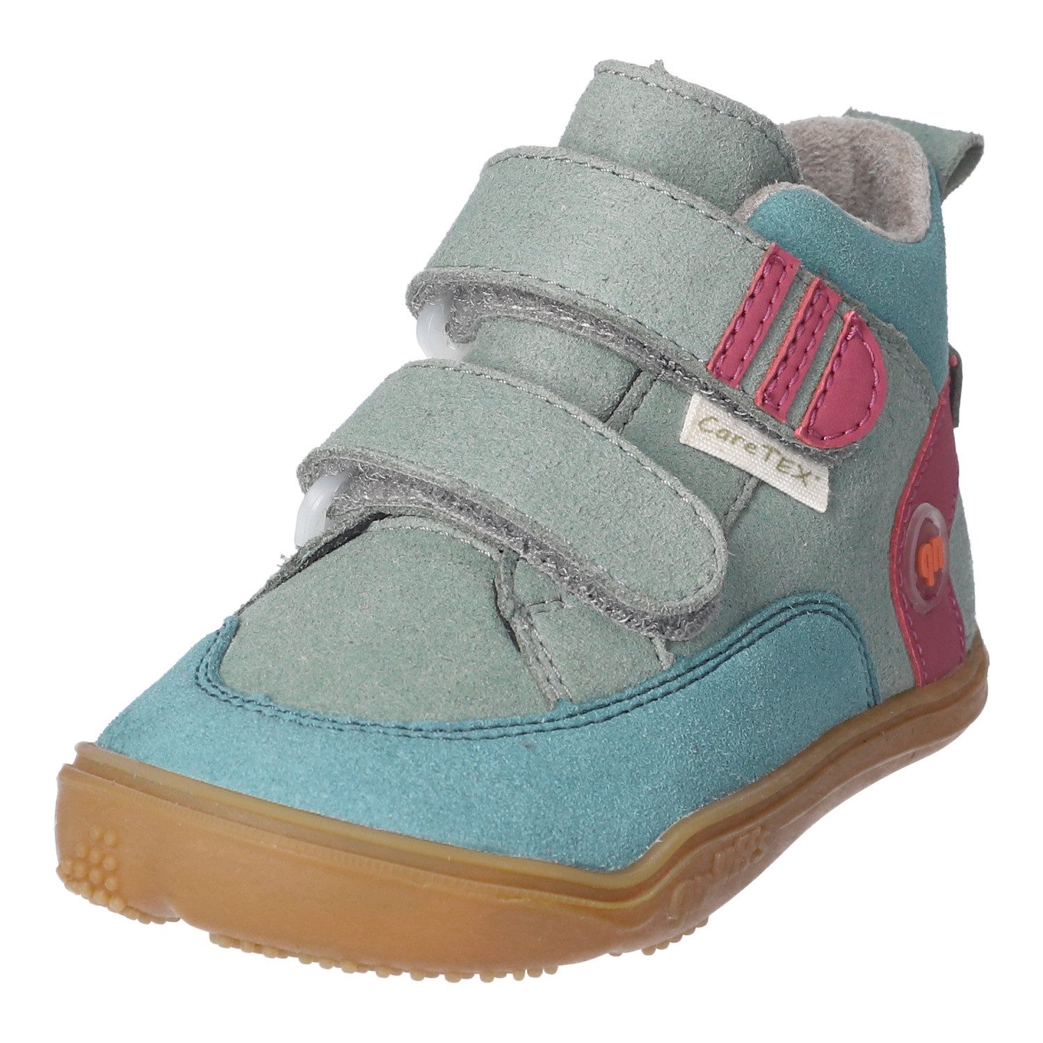 qnuffs Kastanie Barfußschuh Klettschuh, mit Namensschild an der Ferse, kürzbarer Klettriemen