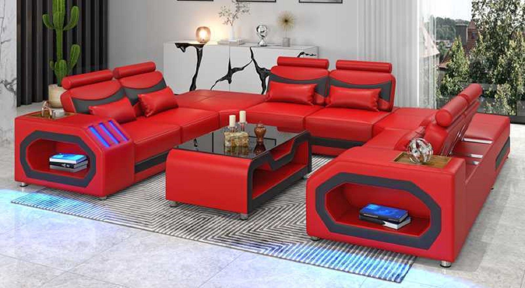 LED, Form U Made Teile, Design 5 XXL Sofa Modern JVmoebel Rot Großes Ecksofa in Ecksofa Europe