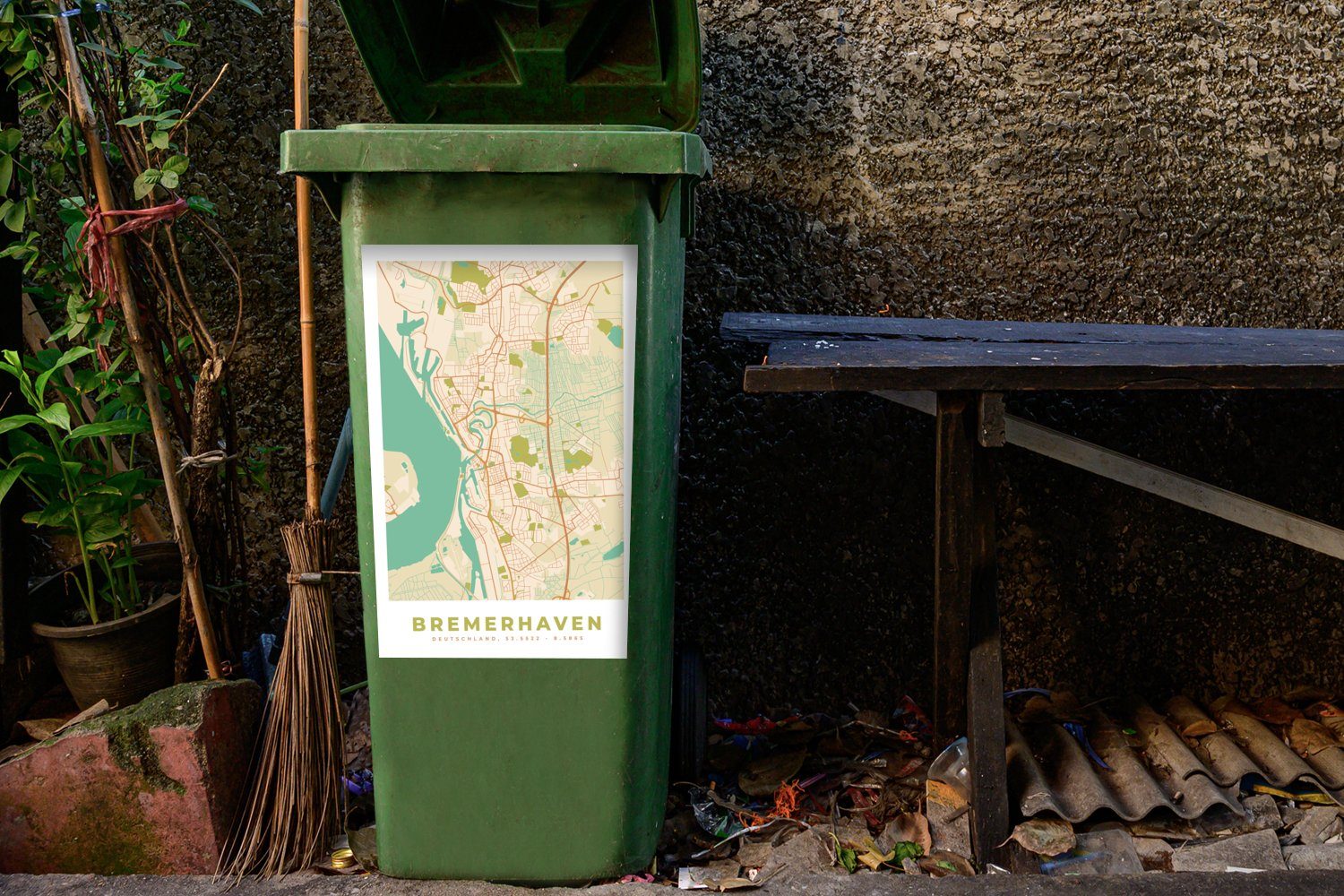 Sticker, Mülltonne, Karte - Container, - MuchoWow Vintage - Abfalbehälter Wandsticker Stadtplan (1 Mülleimer-aufkleber, Bremerhaven St),