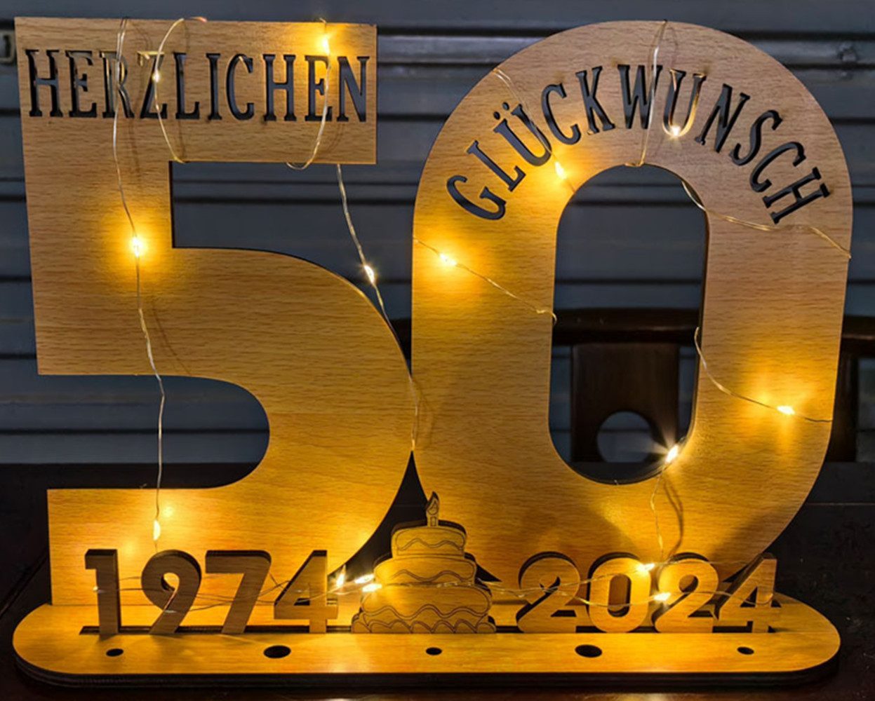 autolock Bild Geschenk Frauen & Männer - Geldgeschenke Geburtstag mit LED, 50, Lichterkette Ständer - Holz-Schild Gästebuch