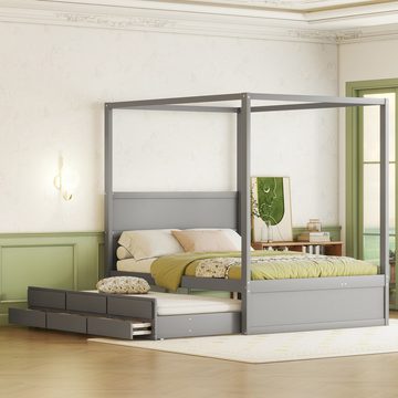 DOPWii Bett 140x200cm Himmelbett mit ausziehbarem Einzelbett,drei Ablagefächern, Holzbett,Palettenbett,Grau/Weiss