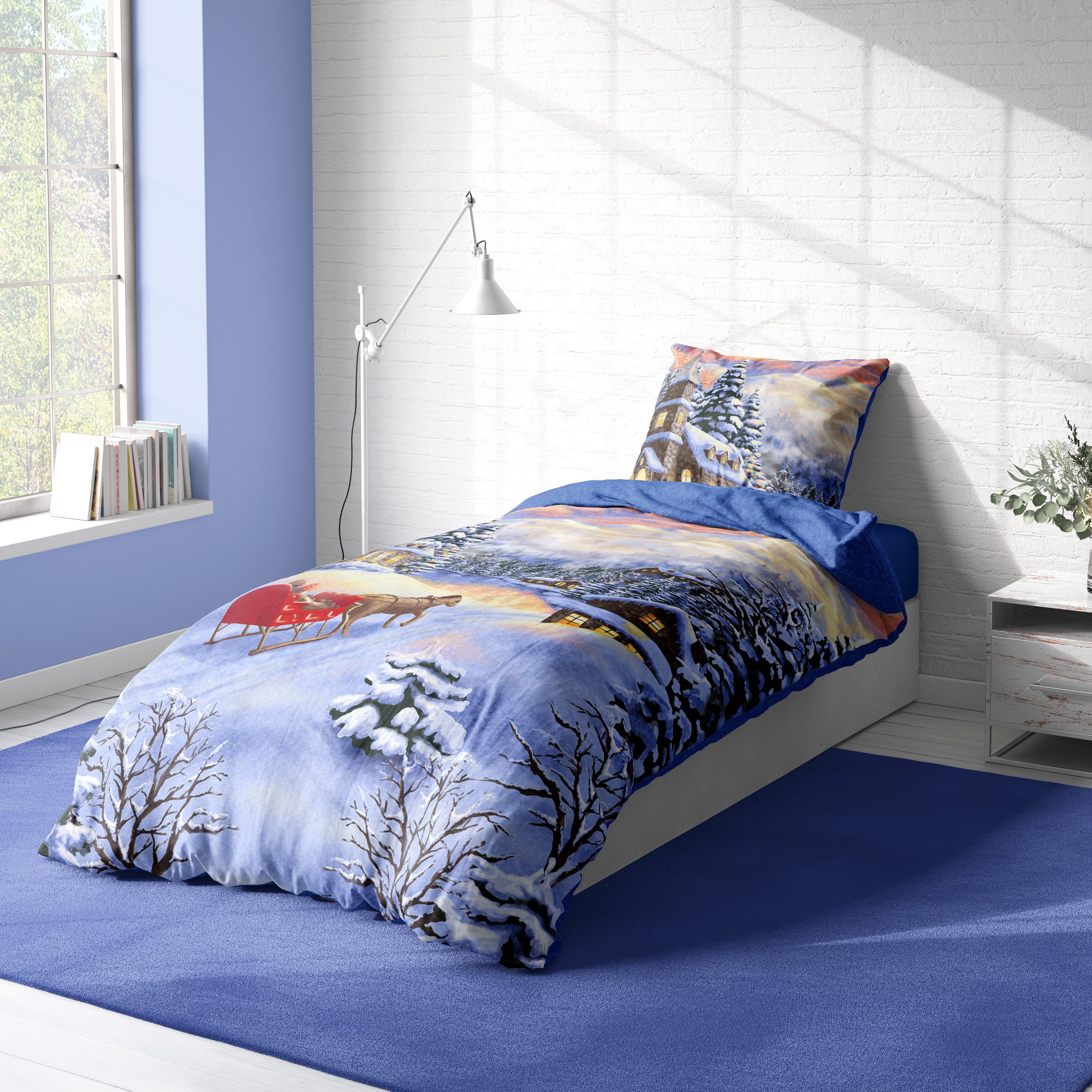 One Home Bettwäsche Bergsee Weihnachtsbettwäsche, Fleece, 2 teilig, Winterdorf und Weihnachten, kuschelig flauschig warm weich Winter