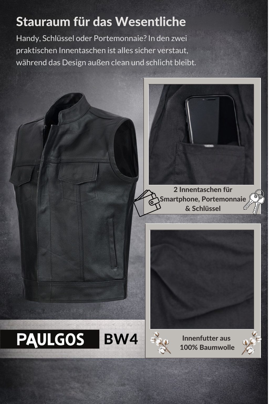 PAULGOS Motorradweste Lederweste Biker Kutte Clubweste Chopper Weste 100% Echtleder - BW4