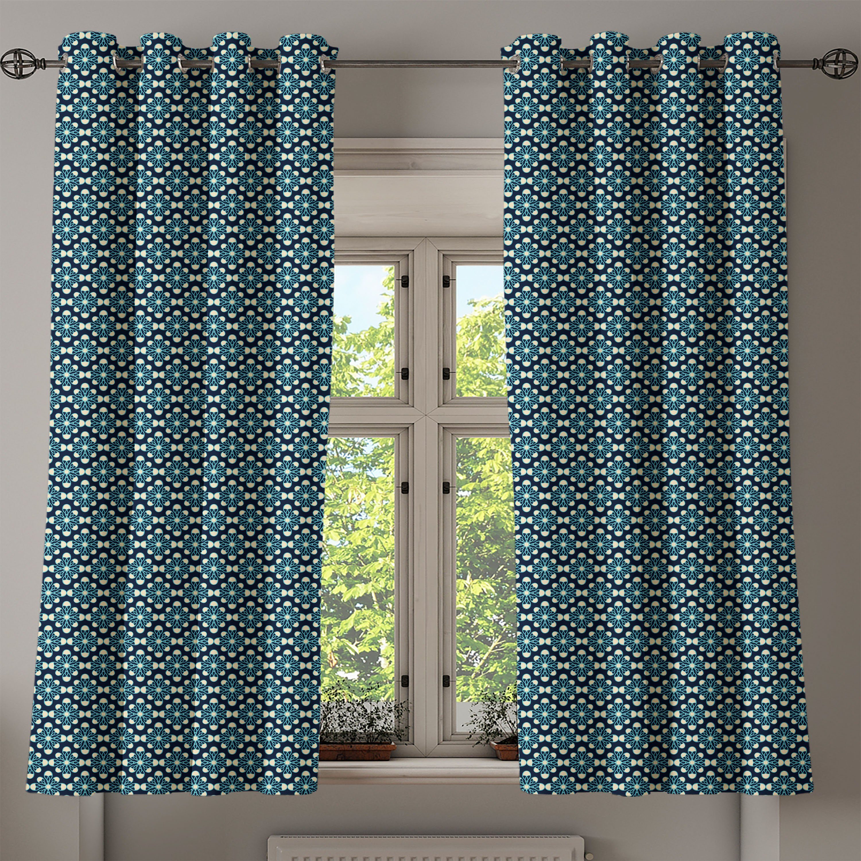 Gardine Dekorative 2-Panel-Fenstervorhänge für Schlafzimmer Natur Wohnzimmer, Bloom Geometrisch inspried Abakuhaus