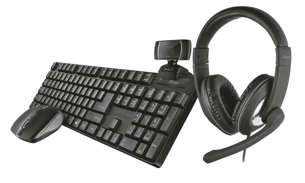 Trust TRU QOBY 4-IN-1 HOME OFFICE SE Tastatur- und Headset-Set, (Set, 4 St), HD-Webcam, Funkmaus, 1600 dpi