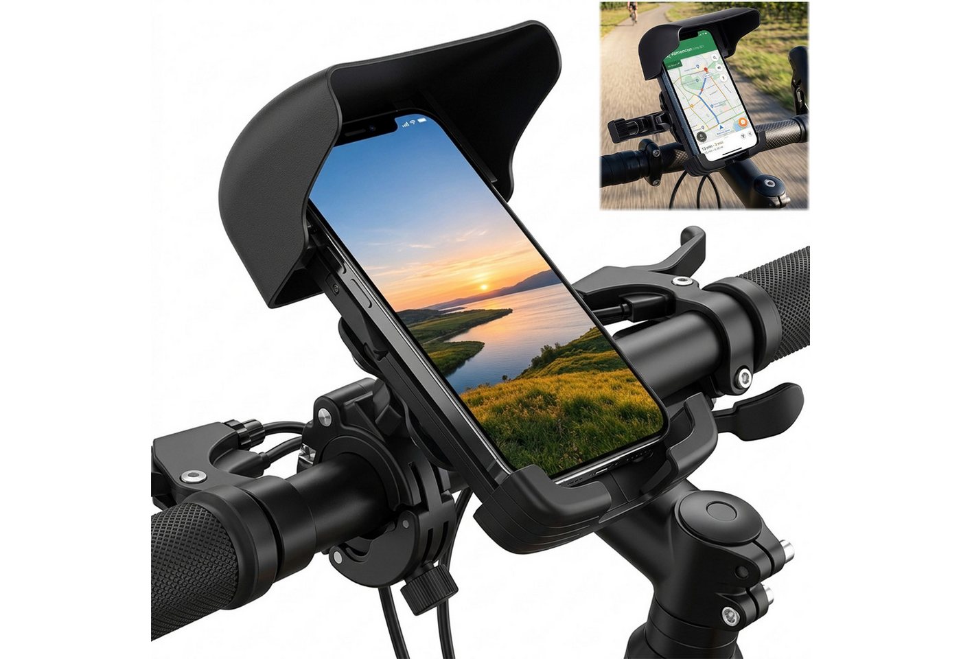 MOPUEA Smartphone-Halterung Handyhalterung Fahrrad 360° Drehbar Sonnenschutz Stoßfest Outdoor, (Handyhalterung mit Sonnenschutz und 360° Drehfunktion, Für Fahrrad Boot Outdoor und sichere Smartphone Nutzung, 360° drehbar stoßfest und werkzeuglos montierba