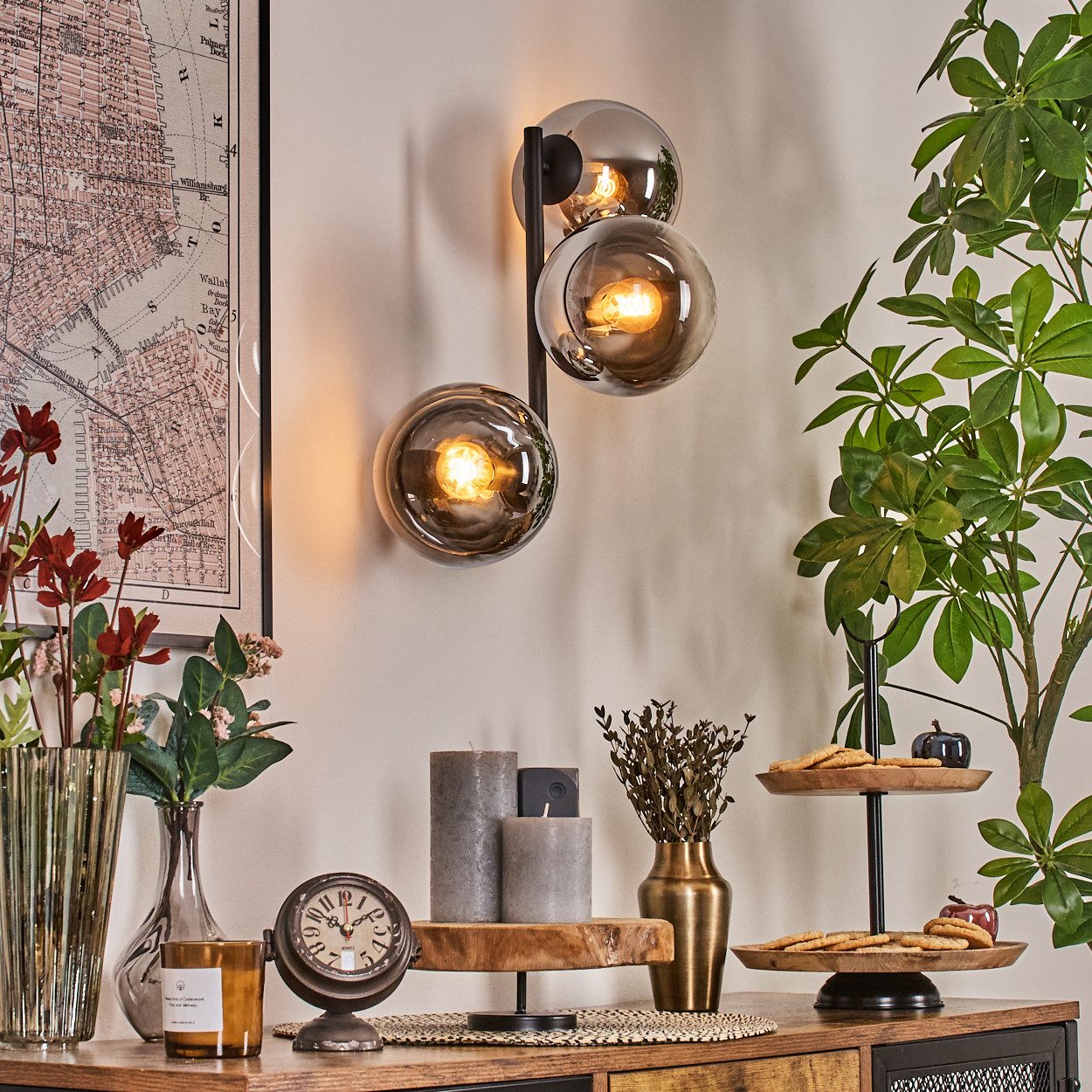 hofstein Wandleuchte Wandlampe aus Metall/Glas in Schwarz/Chrom-/Rauchfarben/Klar, moderne Leuchte im Retro/Vintage-Design (Schirme Ø 15 cm), E14